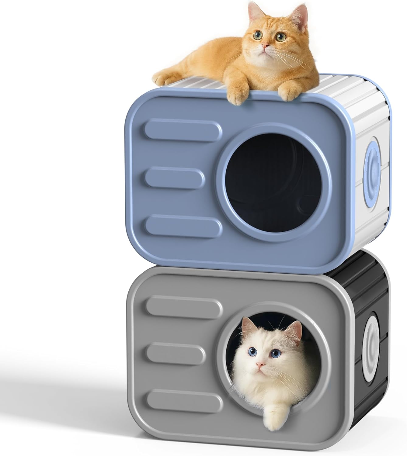 Double Outdoor Cat House Stack Design, Cat Houses for Outdoor Cats Camera Appearance Ventilated Spacious Stackable with Large Door for Several Feral Cats Outside Cat Shelter for Large Pet (Blue)