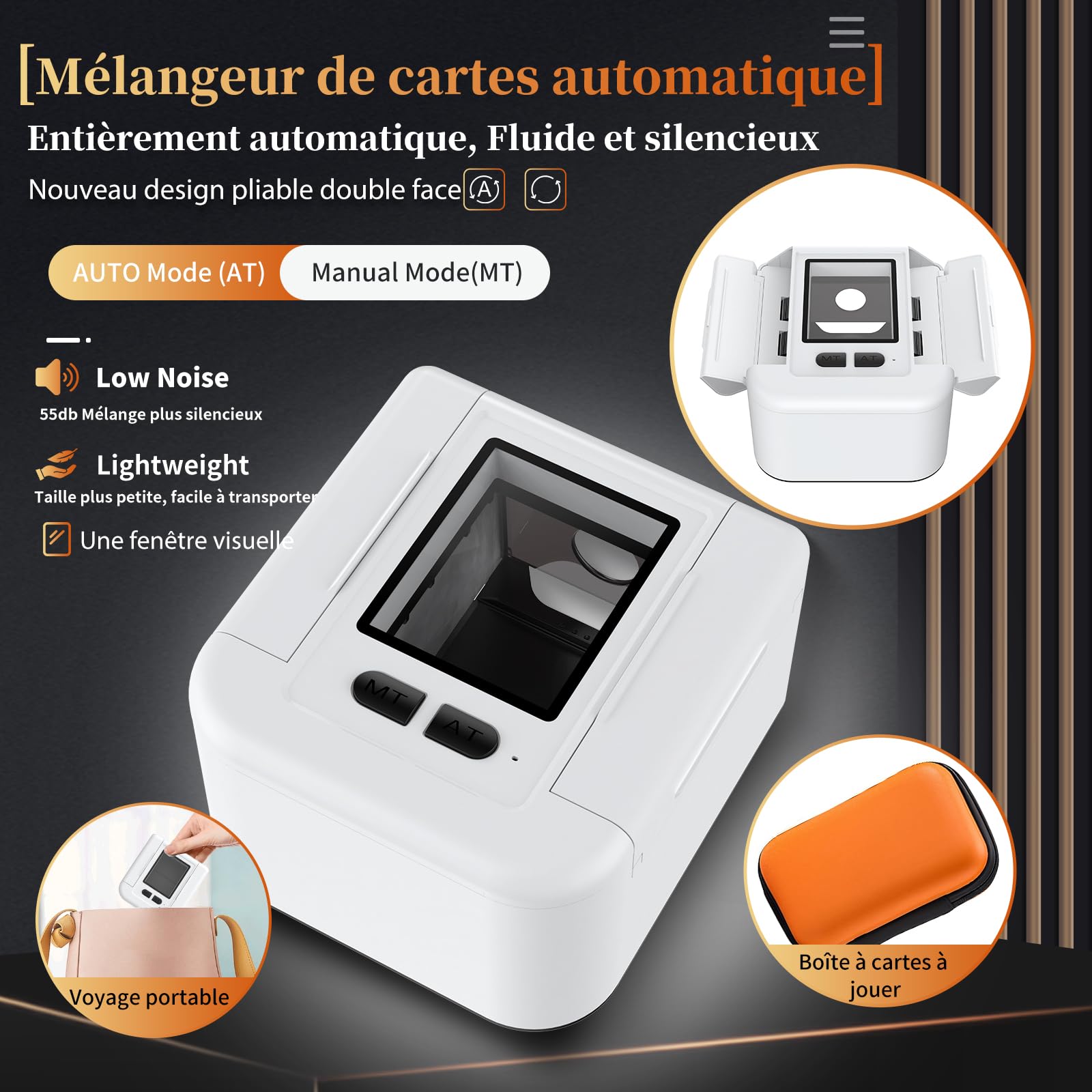 Mélangeur de Carte Automatique 1-2 Jeux, Card Mixer Silencieux pour UNO Skyjo PILI PILI Skip-Bo, Auto & Manual, Chargement USB, Portable Mélange et rapide + Cas de Poker (Blanc)