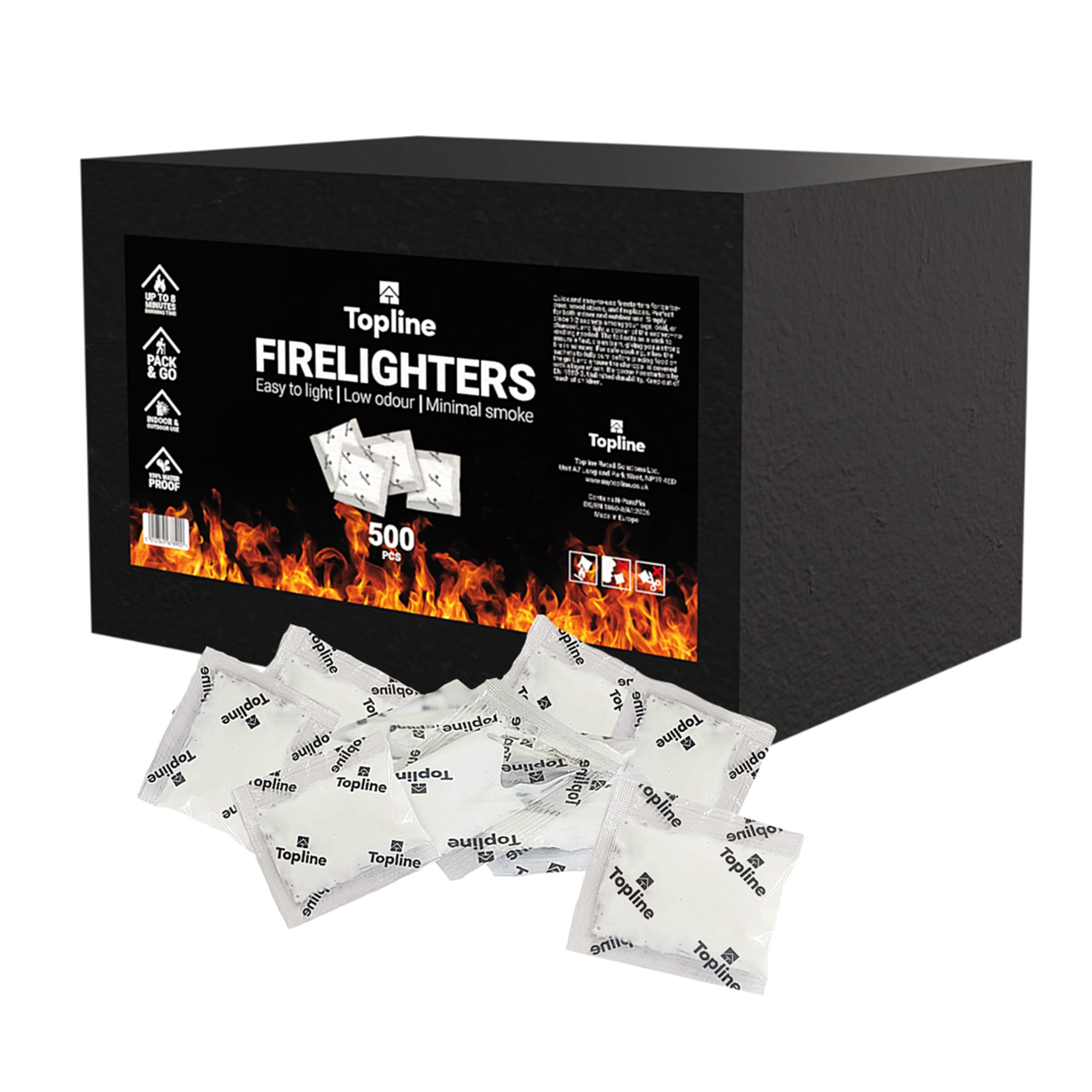 Instant Fire Starter Lighters Multipack - Individually Wrapped 500 Odourless & Easy to Light Firelighters Sachets. Waterproof Fire Lighters for Wood Burners, Fire Logs, Charcoal BBQ, Open Fires