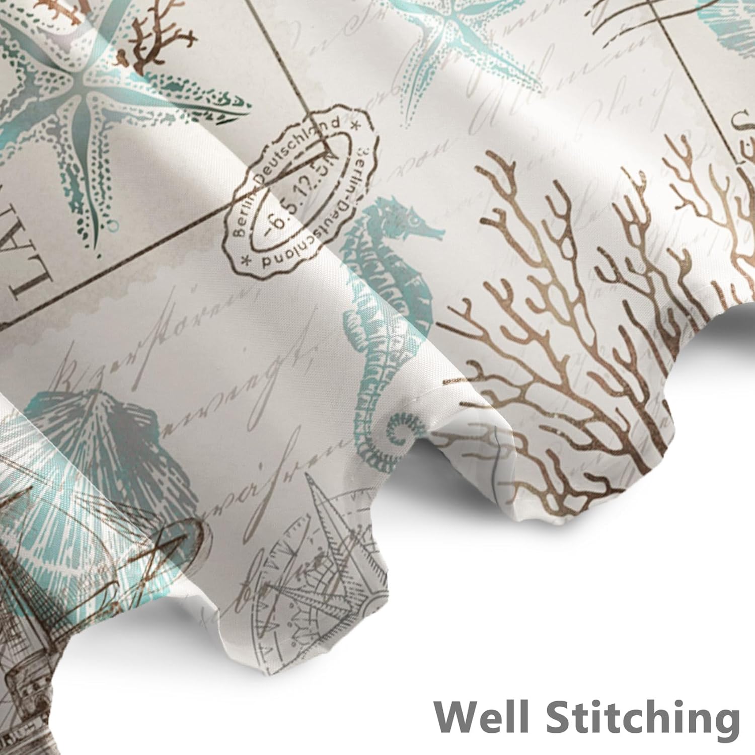 Renaiss 72x72 Inches Nautical Coastal Shower Curtain Vintage Sailboat Compass Beach Seahorse Ocean Theme Seashell Starfish Fabric Shower Curtains for Bathroom Decor Set Waterproof with Hooks