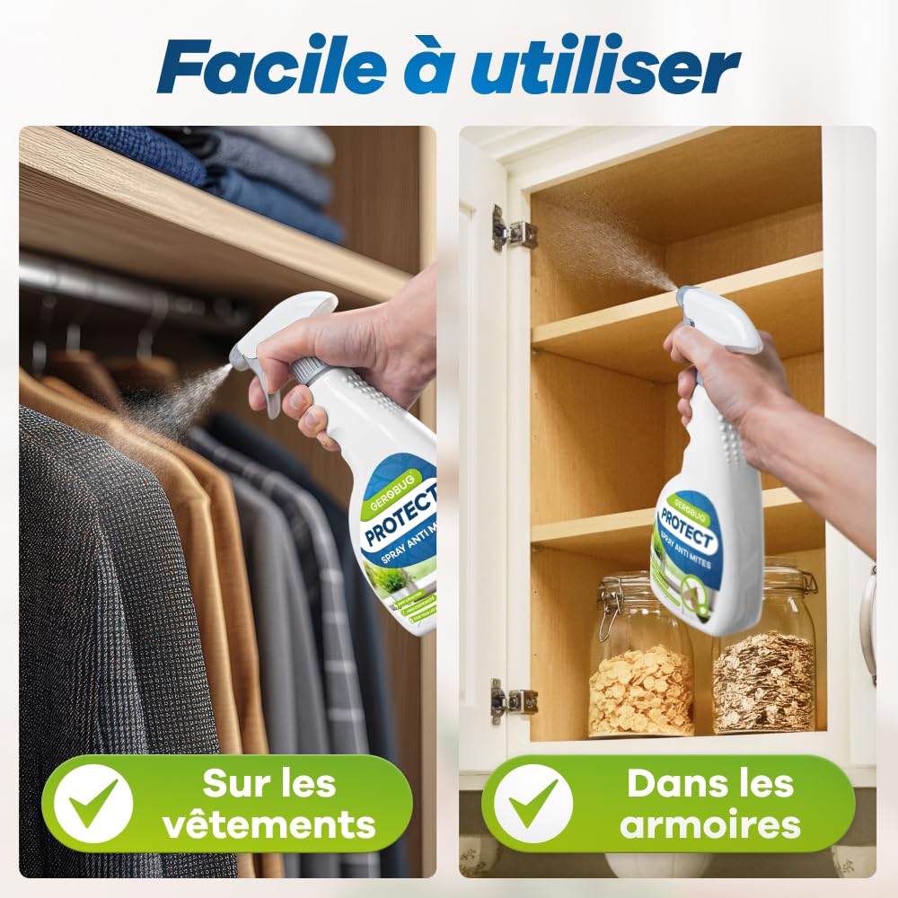 GEROBUG Spray Anti-Mites 500 ml - Lutte simple contre les mites alimentaires & les mites des vêtements - Protection contre les mites pour armoire, placard, appartement, vêtements, tapis & cuisine