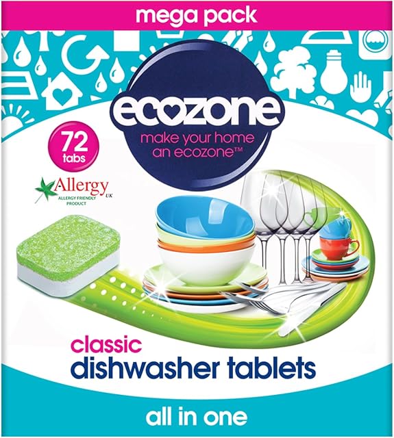EcoZone Classic All-In-One Dishwasher Tablets, Effective Cleaning Formula Cuts Through Grease & Grime, Natural Vegan & Non Toxic Tabs, Plant Based Plastic-Free, Leaves No Residue (Box of 72 Capsules)