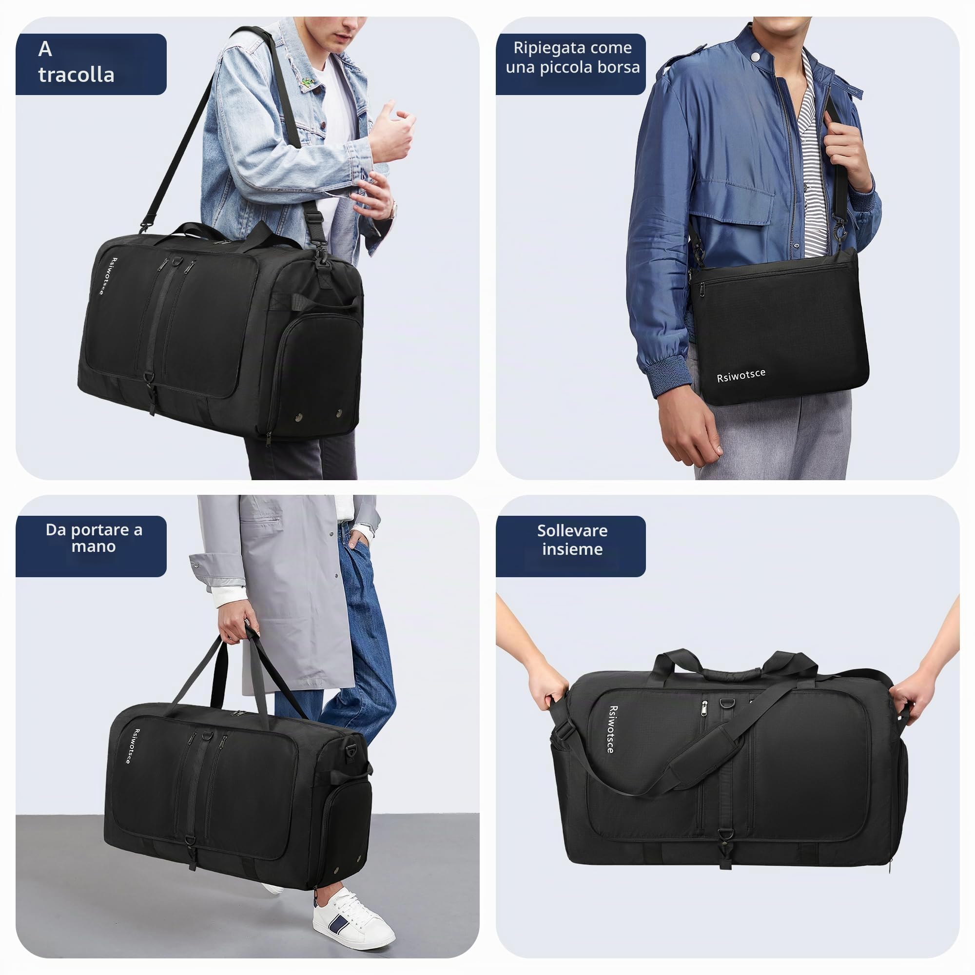 Borsone da Viaggio e Palestra 90L Pieghevole Impermeabile, Borsa Sportiva Grande Capacità 69x32x40 cm, Unisex per Donna e Uomo (Nero)