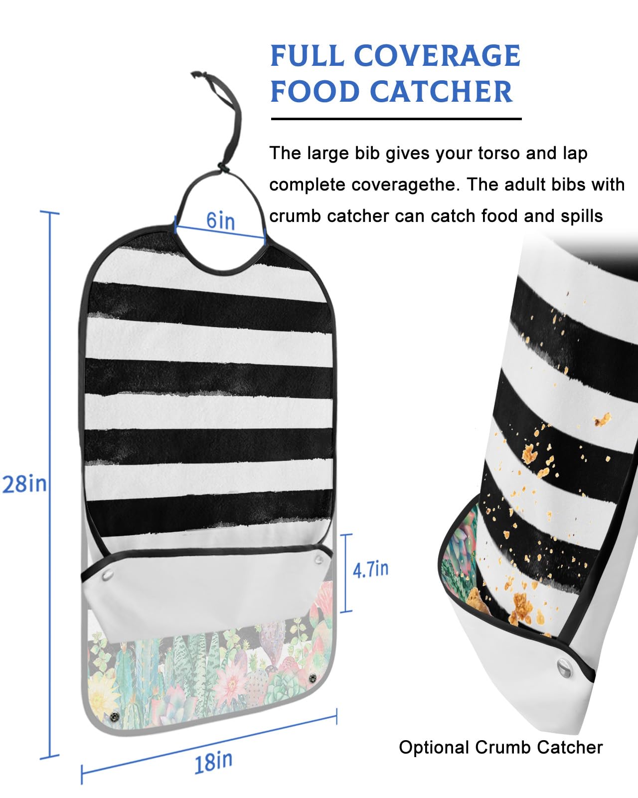 LEOKOTI Summer Tropical Cactus Adult Bibs for Eating, Waterproof Bibs with Food Catcher & Adjustable Snap Closure, Black White Striped Washable Clothing Protectors Adult Bibs for Elderly Women/Men