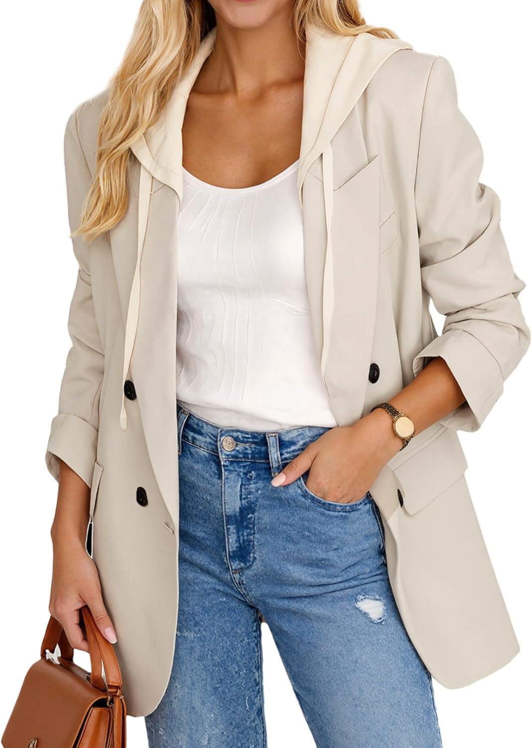 Mina Self 2026 Women's Spring Hooded Blazer Jacket - Double-Breasted Oversize Loose Fully-Lined Work Office Suit with Pockets