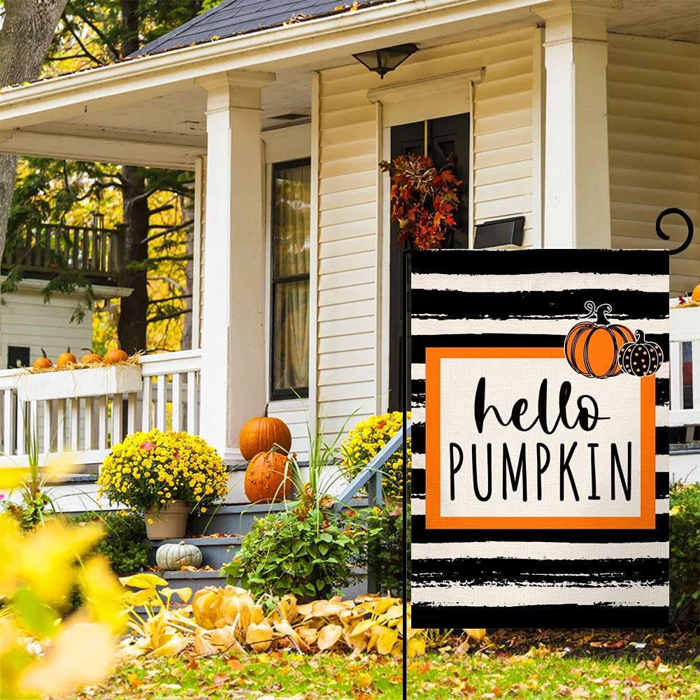 BLKWHT Fall Stripe Pumpkin Small Garden Flag 12x18 Inch Vertical Double Sided Autumn Halloween Thanksgiving Black Burlap Yard Outdoor Decor BW029