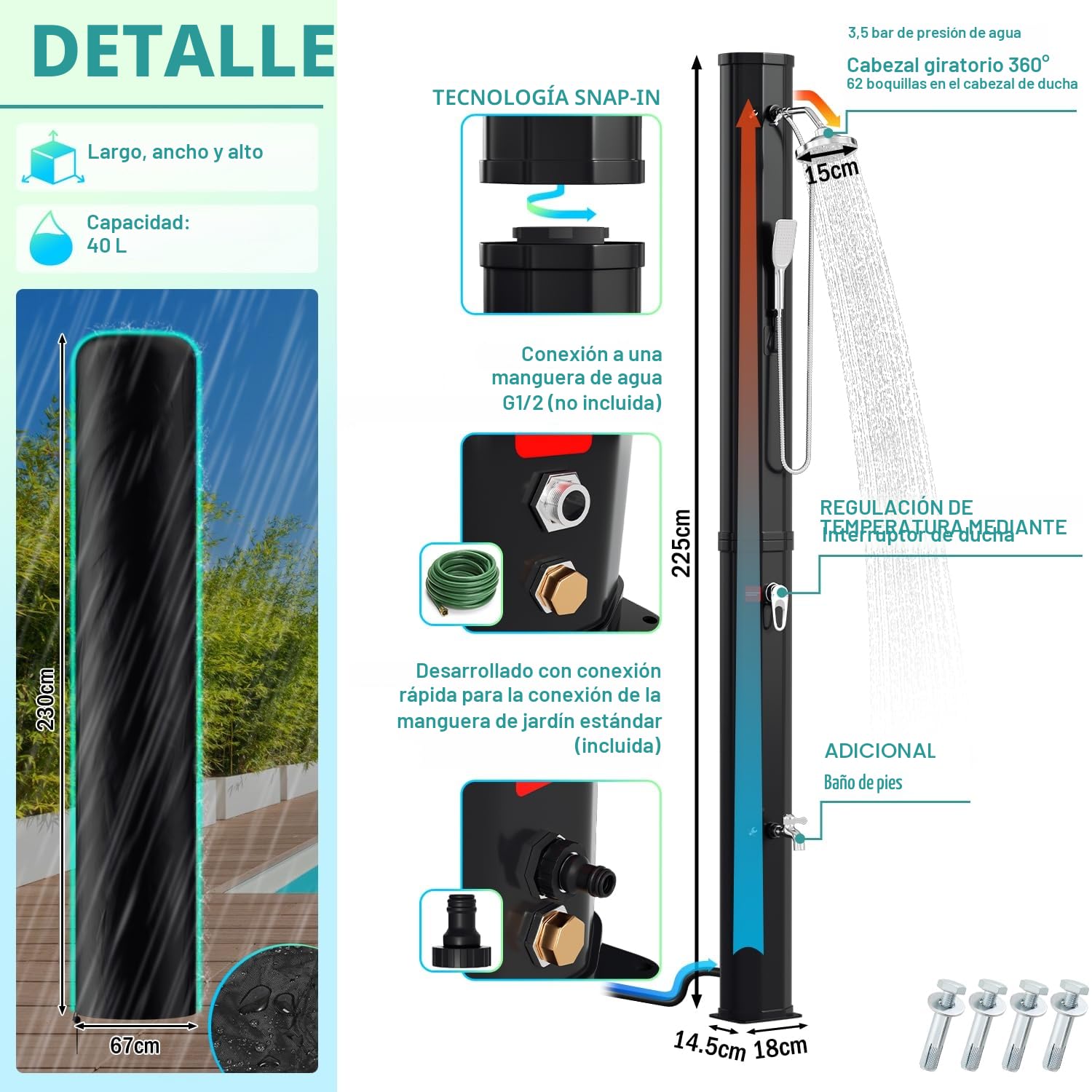 Ducha Solar de jardín de 40 l, Agua Caliente hasta 60 °C, sin conexión eléctrica, Ducha de Piscina, Camping con Ducha de pies y Cabezal de Ducha de Lluvia Giratorio, Incluye Material de