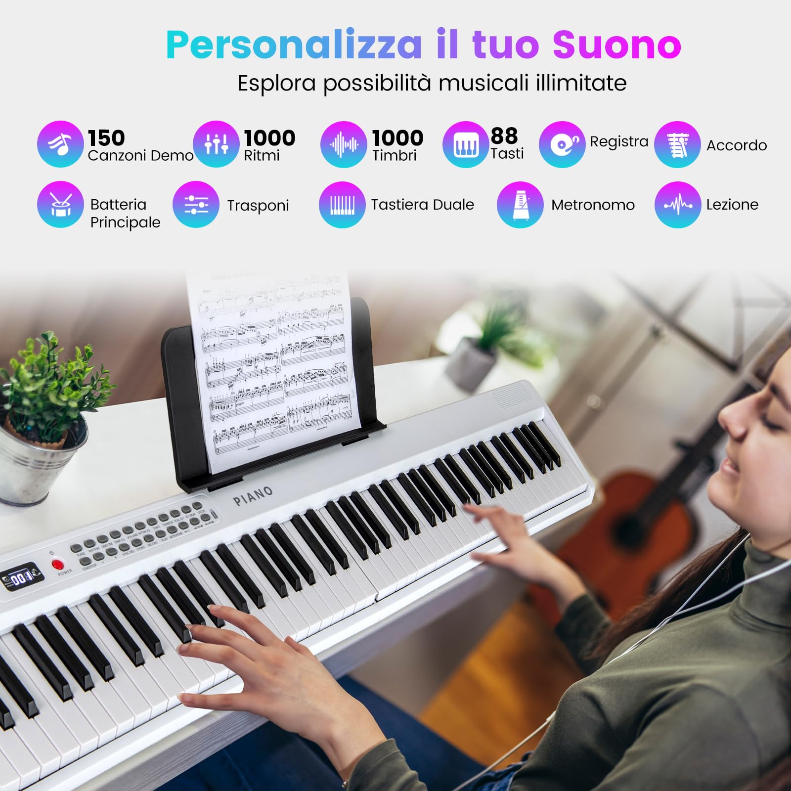RELAX4LIFE Pianoforte Digitale Pieghevole a 88 Tasti, con MIDI Wireless, Altoparlanti Doppii, 1000 Timbri, 1000 Ritmi, Tastiera Portatile per Principianti, Bambini, Adulti (BIANCO)