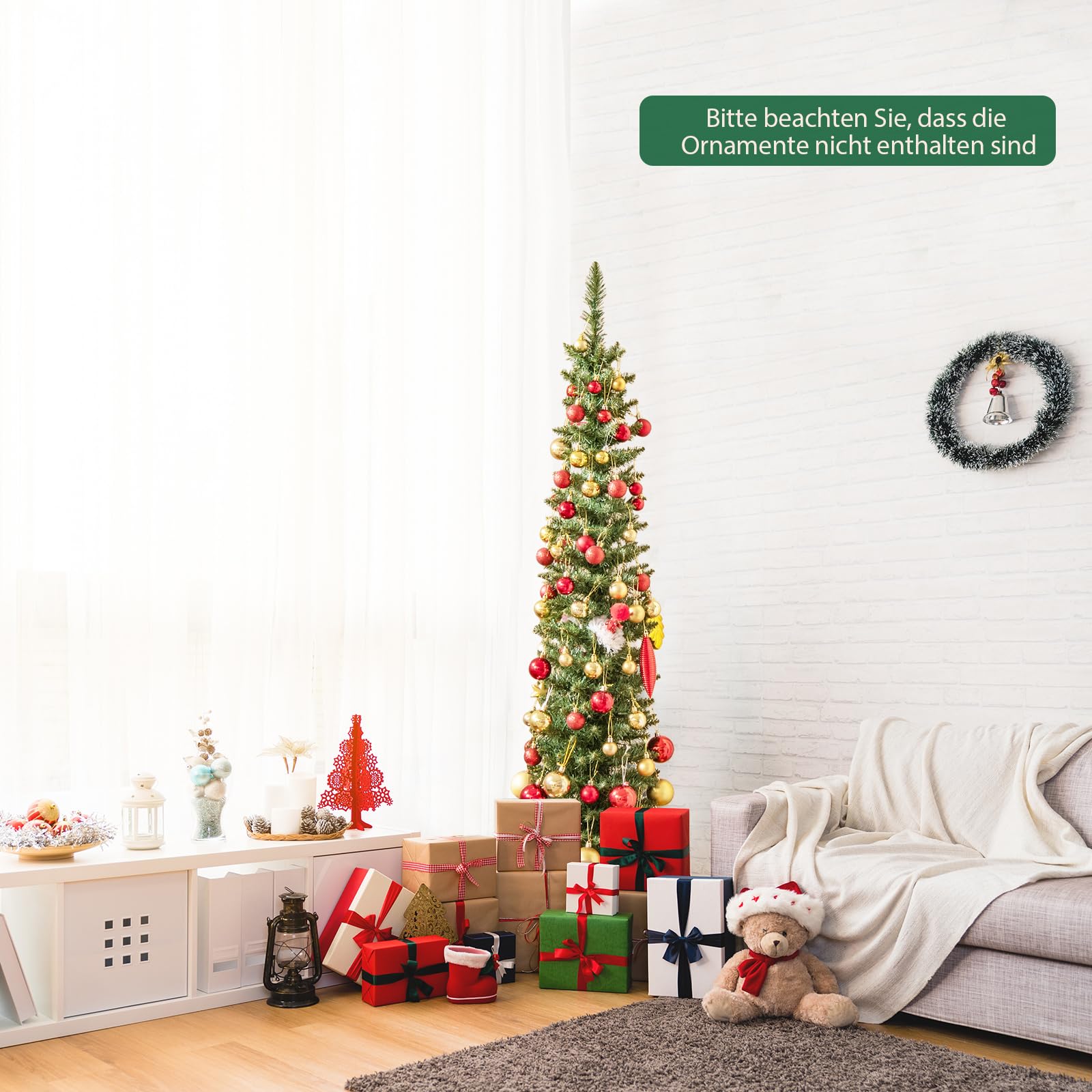 COSTWAY 150 cm Künstlicher Weihnachtsbaum mit Beleuchtung, Bleistift Tannenbaum mit 150 warmweißen LED-Lichtern, Christbaum schmal, Kunstbaum Weihnachten für Zuhause, Grün