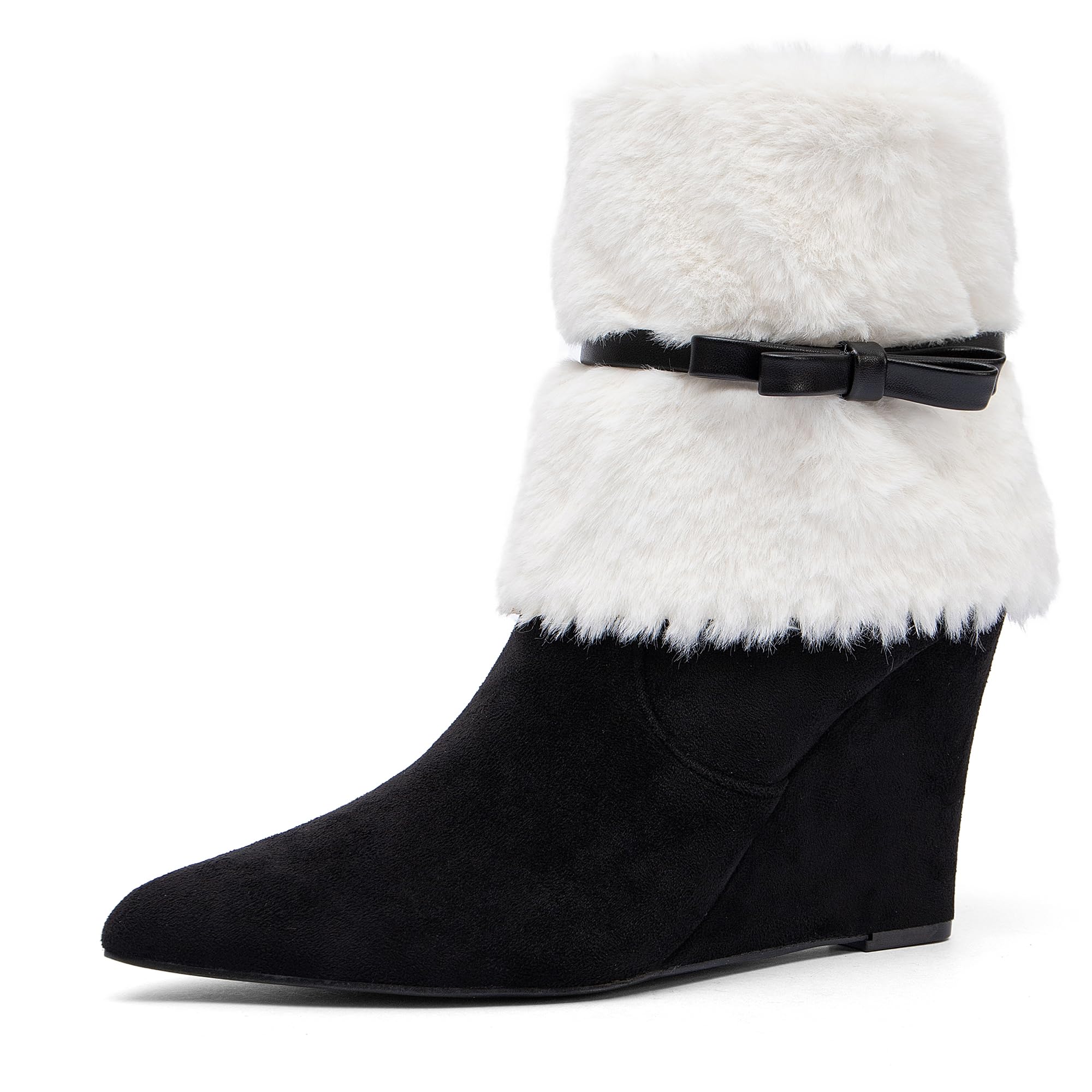 NEWBELLA Womens Winter Ankle Boots - Faux Suede Mid Calf Wedge Heel with Fur Lining Bow Holiday Party
