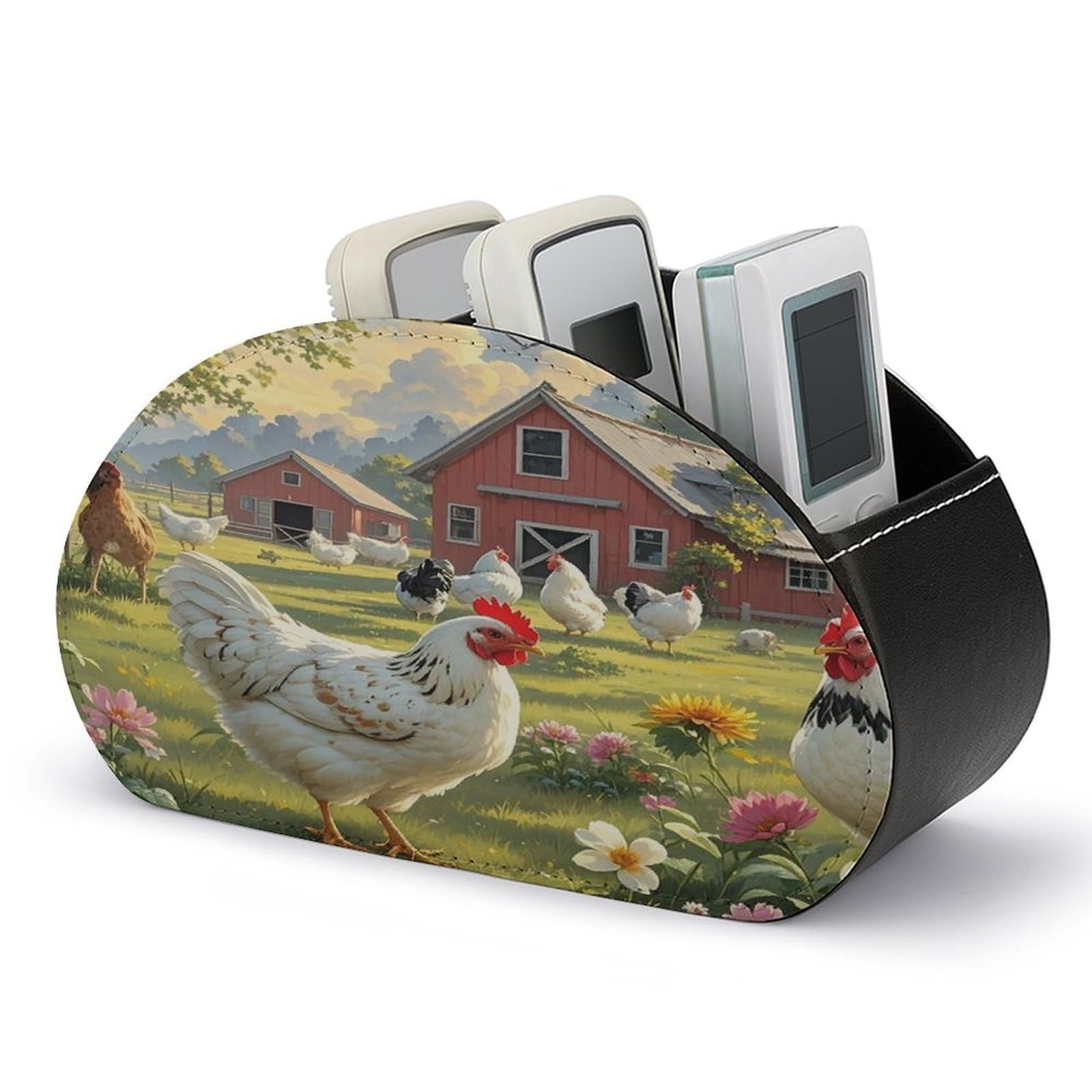 FekiLoot Leather TV Remote Control Holder with 5 Compartments Multifunctional TV Remote Holder Bedside Table Remote Caddy Storage Box Chickens And Farm Remote Organizer for Home Office