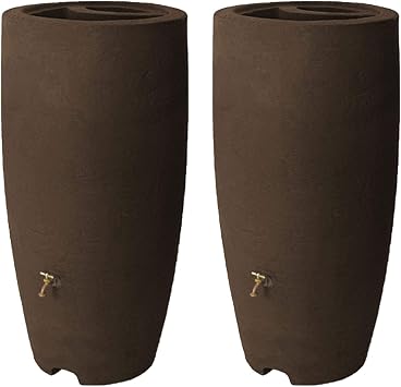 Algreen Athena 80 Gallon Plastic Outdoor Rain Barrel with Brass Spigot and Screen Guard for Rain Water Collection and Storage, Brownstone 2 Pack