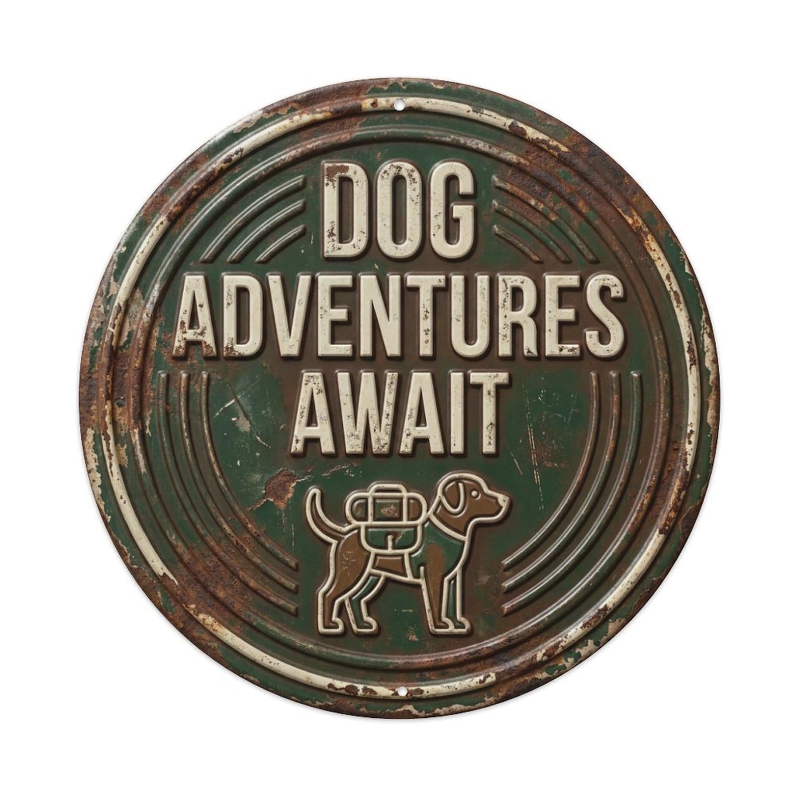 Vintage Dog Adventures Await Paws Metal Tin Sign Plaque Wall Decor for Cafe, Club, Garden Round Metal Poster 8x8Inch