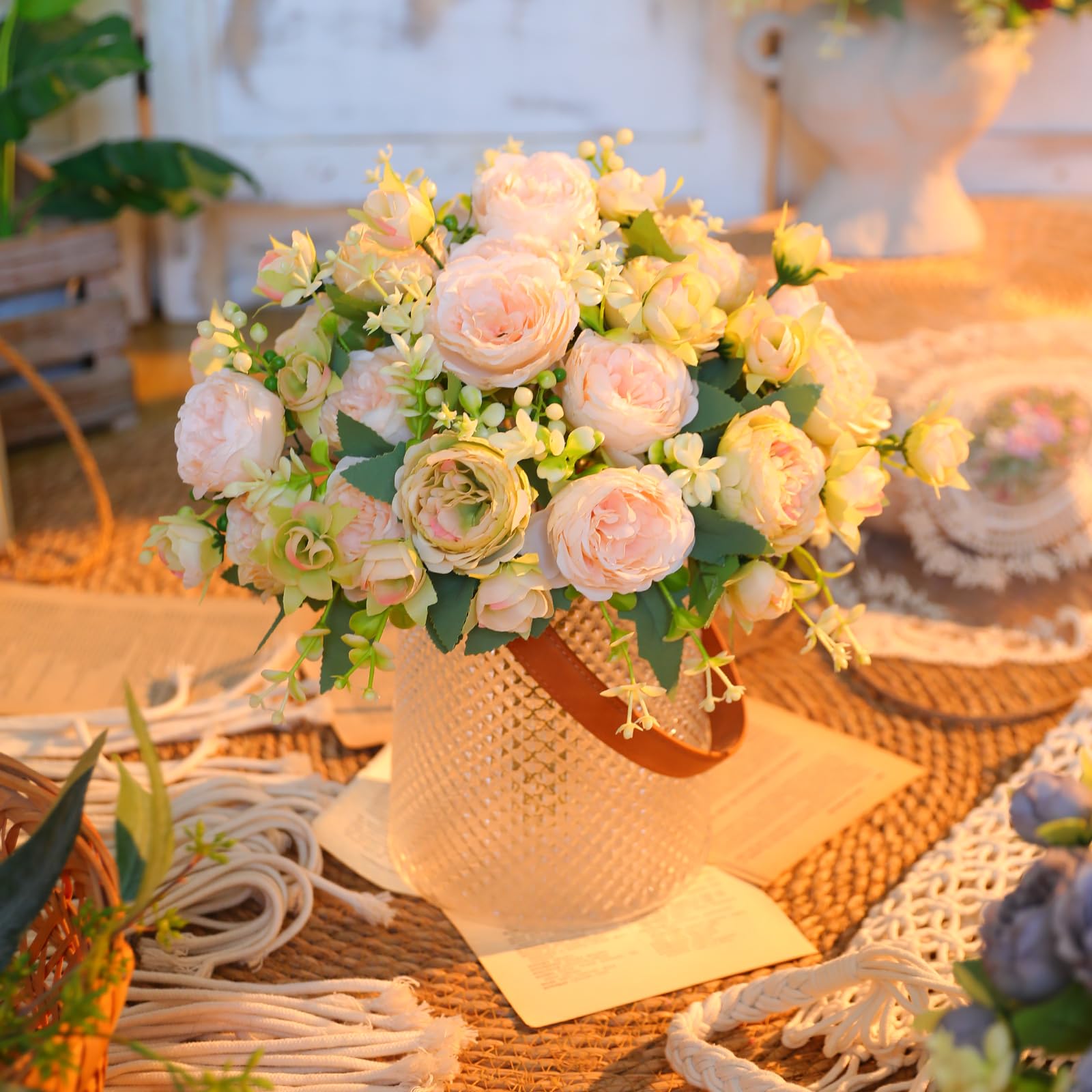 Floweroyal 4 Bunches Peony Artificial Flowers White Green Flowers Silk Peonies Bouquets for Wedding Party Table Centerpieces Floral Arrangement Home Kitchen Decor - Image 3
