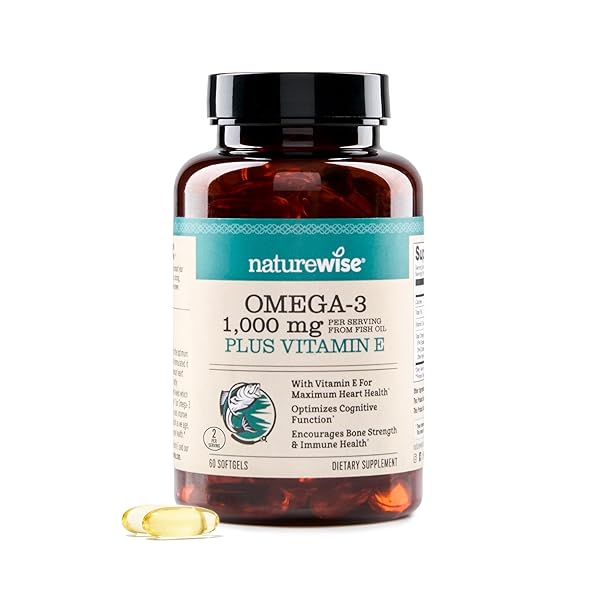 NatureWise Extra-Strength Omega 3 Fish Oil Supplement - 1000mg per Serving - 600 EPA & 400 DHA and Vitamin E - Support for Heart & Brain Health - Lemon Flavor, GMO-Free - 60 Softgels[1-Month Supply]
