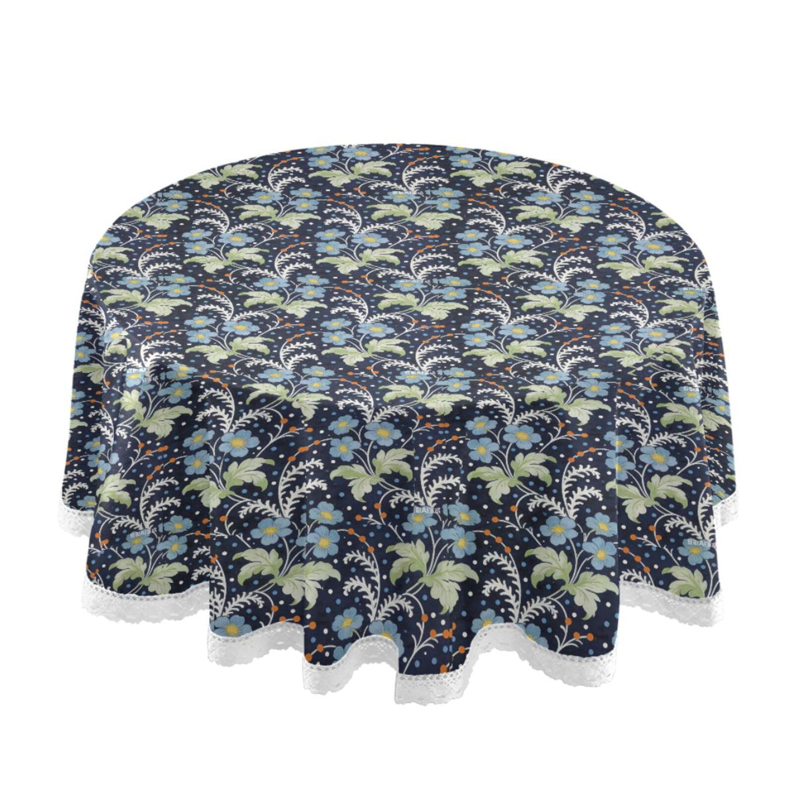 Nappe ronde lavable fleurs bleues William Morris en dentelle