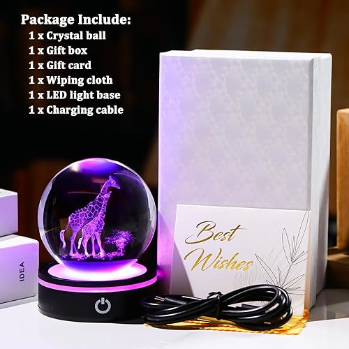 Miniatura 6 de YWHL Figura de bola de cristal de jirafa 3D con base de luz colorida, regalos de jirafa para mujeres, hombres y niñas en cumpleaños, estatua de