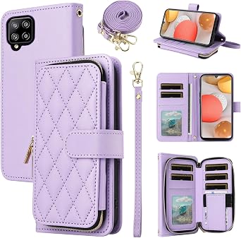 Argyle Wallet Case for Samsung Galaxy A42 5G with Wrist Strap Shoulder Strap 9+ Card Slot Zipper Purse Luxury PU Leather Stand Checkered Cell Phone Cover for A 42 G5 42A S42 4G 2021 Purple