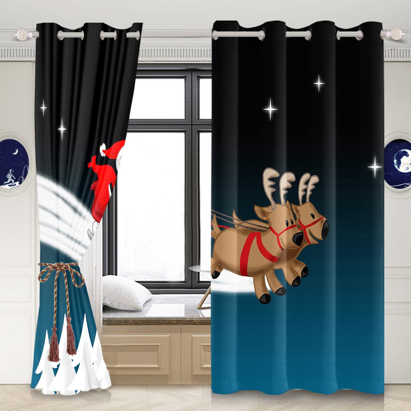 Renaiss Santa Claus Curtains 29Wx45L inch Cute Cartoon Santa Claus and Deers Snowy Pine Tree Window Drapes Christmas Eve Blackout Window Drapes Set of 2 Panels for Kids Bedroom Living Room