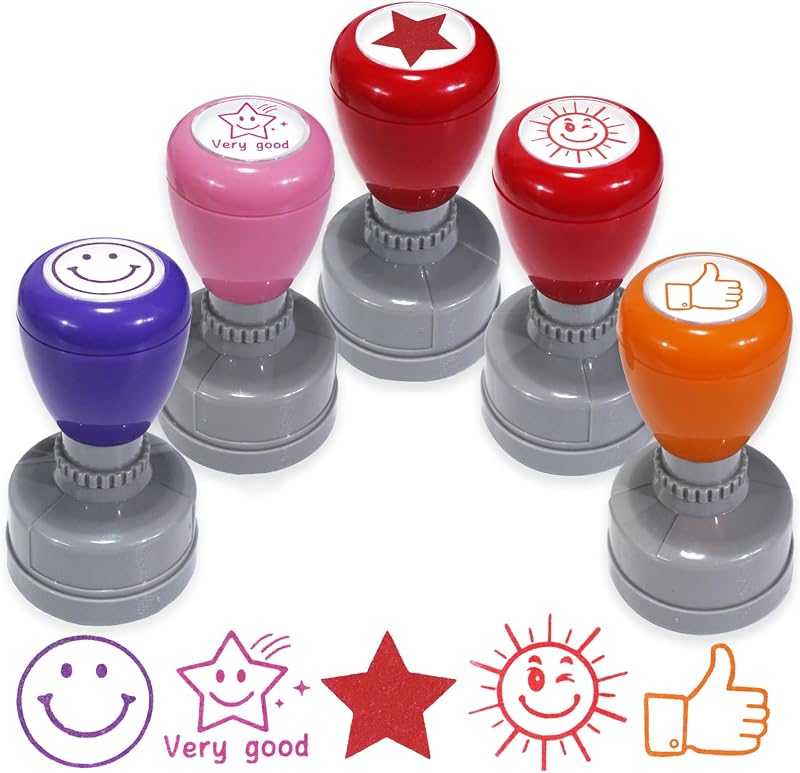 WAFJAMF 5 Pcs Teacher Stamps Self Inking Grading Classroom Reward Set | Fun round colorful rubber stamps for homework feedback, test student motivation, behavior encouraging, school supplies.