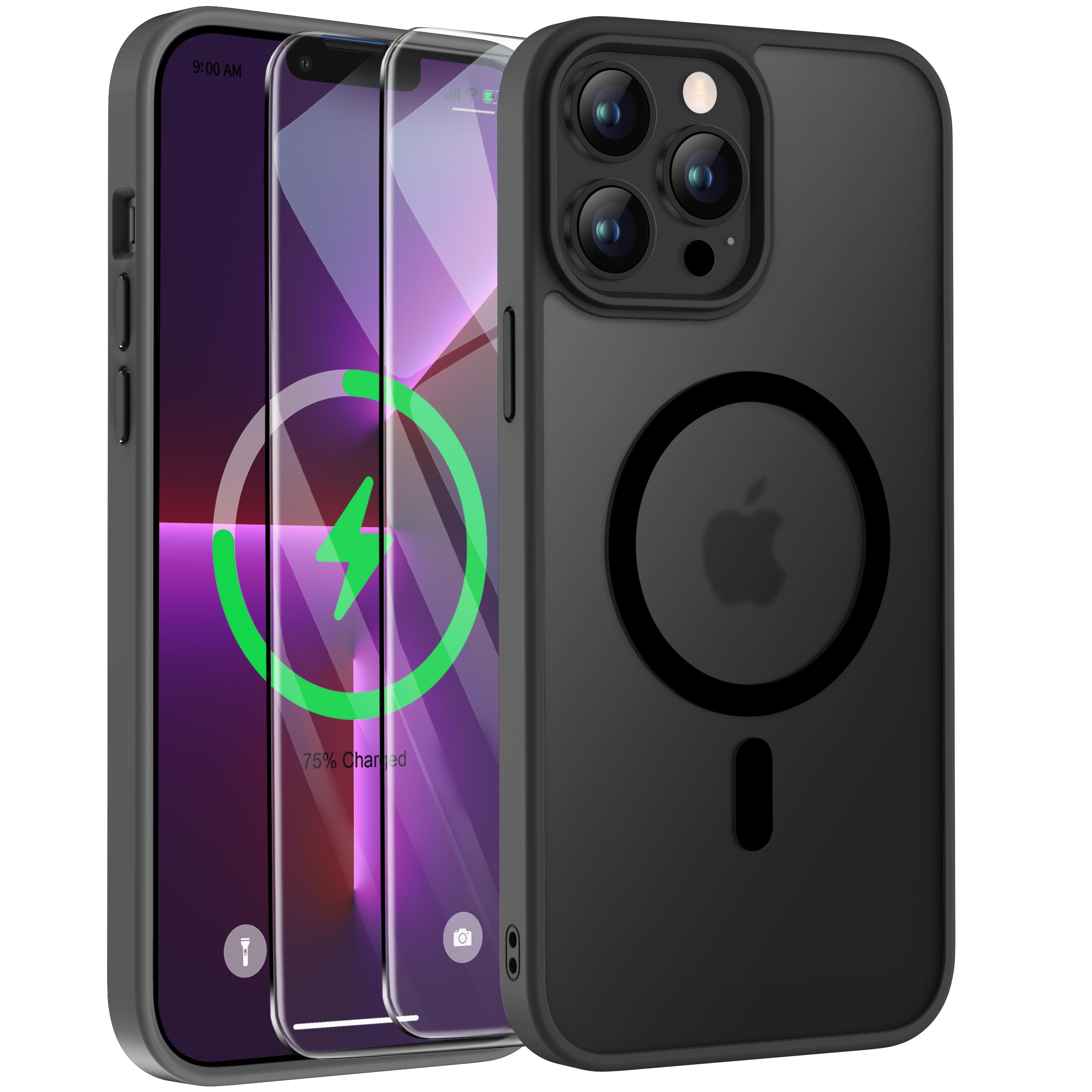 ORETECH für iPhone 13 Pro Max Hülle mit 2 Schutzfolie, Matt Schwarz | Kompatibel mit Mag Safe,Stoßfest Kratzfest Transluzente Rückseite Handyhülle für iPhone 13 Pro Max