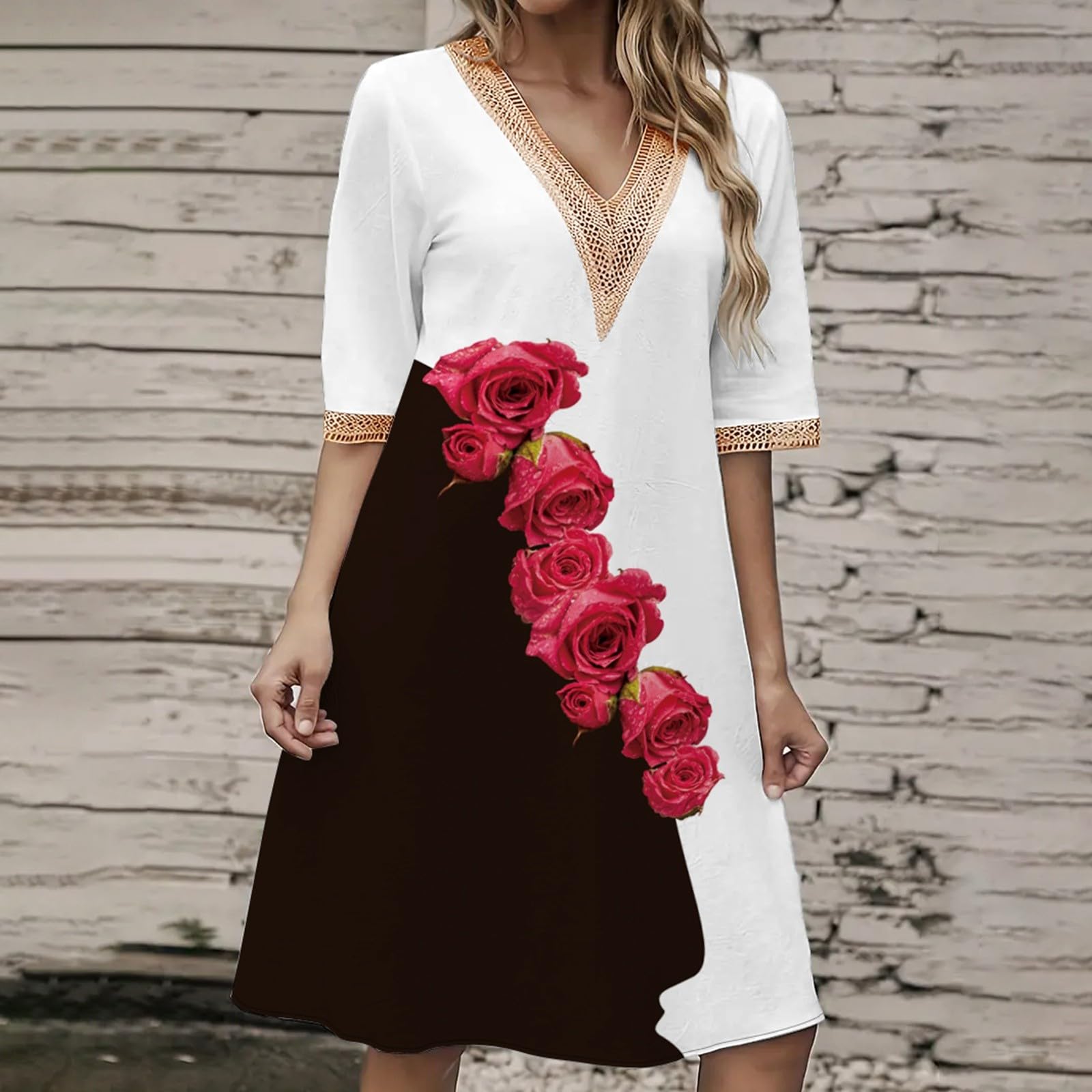 Robe à Manches Courtes à Col en V pour Femmes Décontractée Ample d’Été Longueur Genou Imprimé Bohè Robes en Dentelle Fluide Grande Taille Swing Midi Sun Jupe Fête Vacances Plage Floral Dress