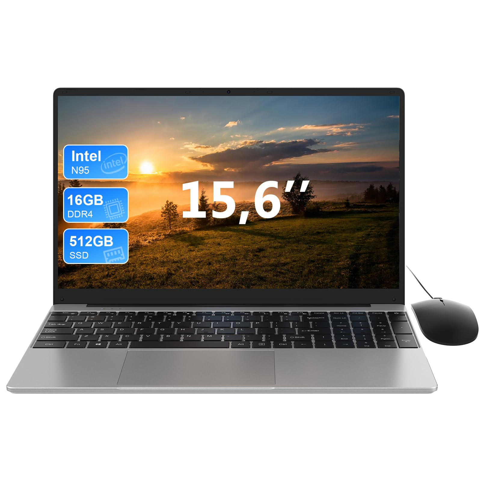 PC Portatile Notebook, Display FHD da 15,6", 16GB DDR4 RAM 512GB SSD, CPU In-tel N95(fino a 3,4 GHz), Computer Portatile con 1920*1080 IPS, Laptop 5G WiFi, BT5.0, USB 3.0, Mini HDMI, incluso Mouse