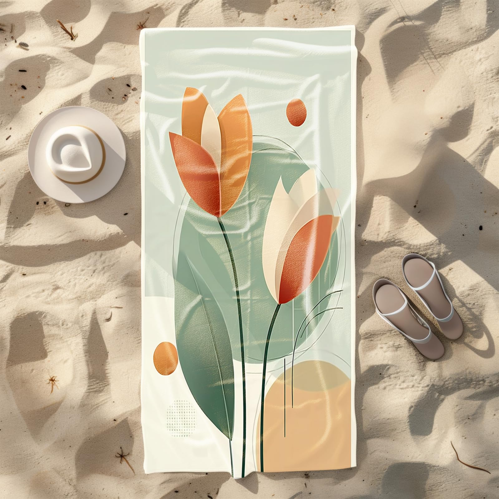 Générique Serviette Microfibre Plage Fleur Orange Ronde Vert Clair
