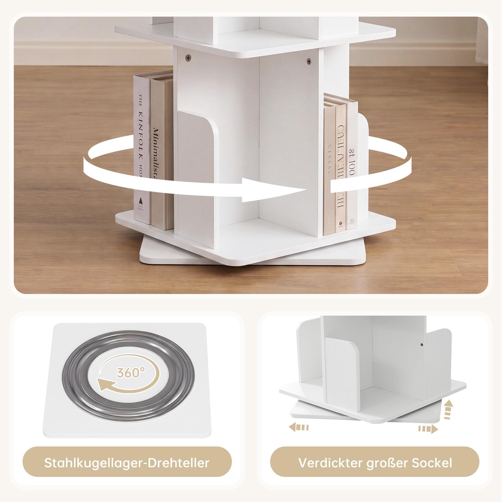 Drehbares Bücherregal 360° Frei, Bücherregal Drehbar Weiß, Bücherregal Kinder, für Wohnzimmer, Arbeitszimmer, Büro, als Raumteiler, 5 Ebenen