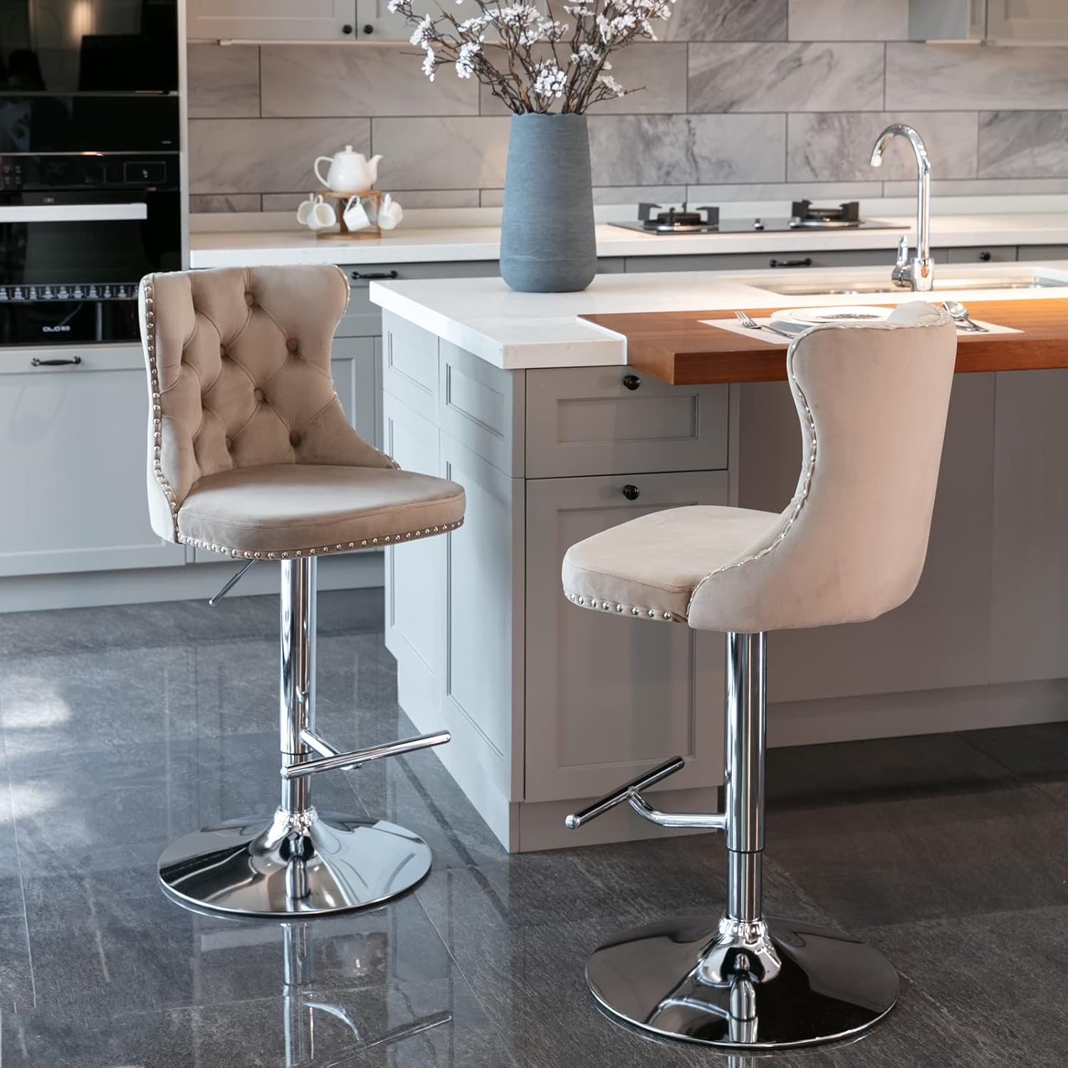 Polibi Swivel Bar Stools 2Pcs, Adjustable Seat Height 25"-33", Modern Upholstered Bar Chairs with Tufted Button, Silver Metal Footrest and Nailhead Trim for Bar Counter Kitchen Island, Khaki