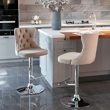 Modern Velvet Dining Bar Chairs Adjust Counter Height Barstools with Metal Chrome Base Swivel Bar Stool with Button Tufted Back for Kitchen Home Bar Dining Room Office Khaki, Set of 2