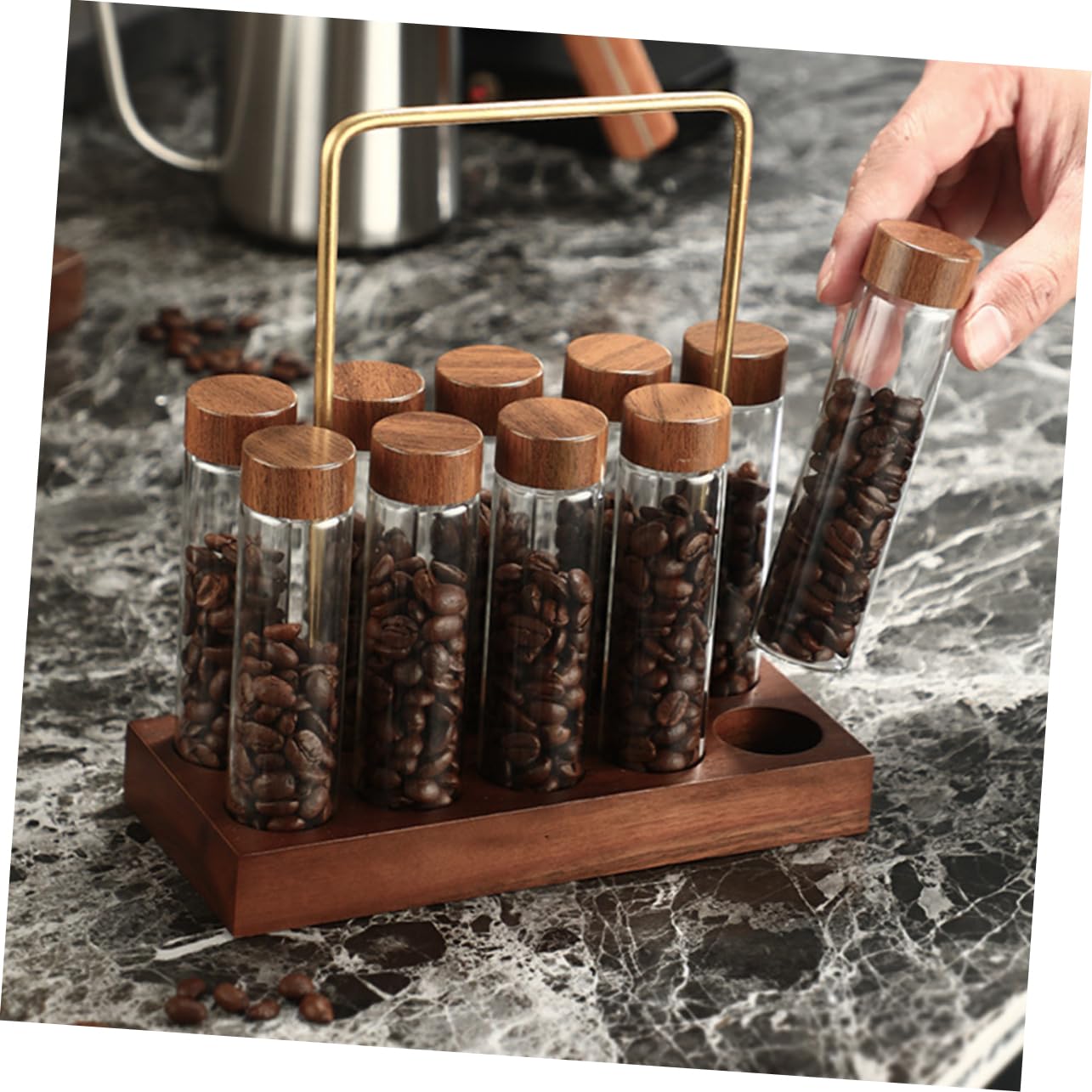 Kaffeebohnen Behälter aus Glas mit Deckel und Holzständer zur Aufbewahrung von Kaffeebohnen in Kleinen Küchen
