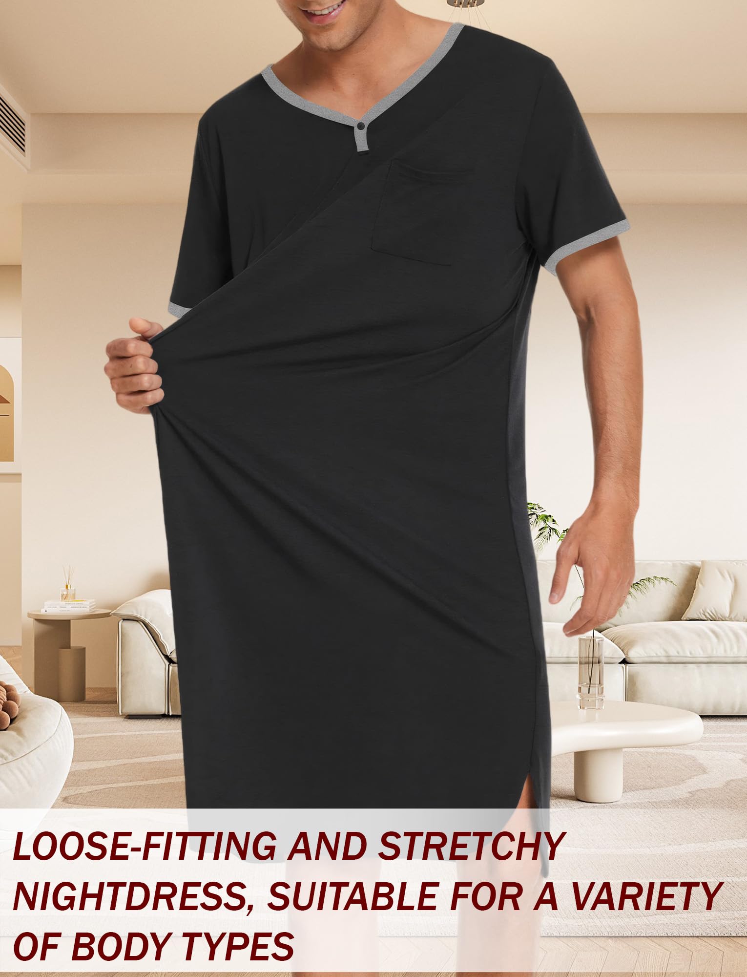 Maeau Chemise de nuit d'été à manches courtes pour homme, vêtement de nuit ample, doux, décontracté, chemise de nuit longue et légère