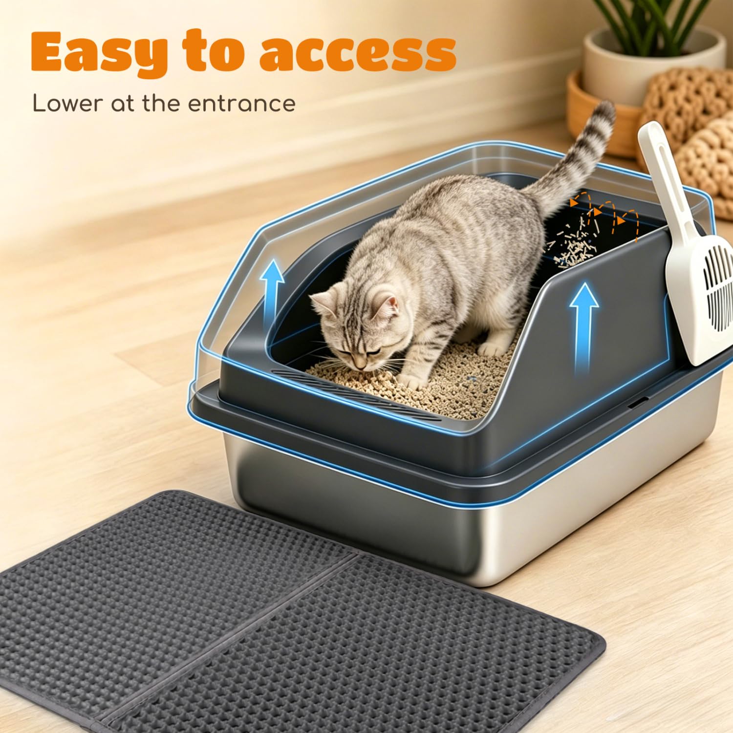 Nobleza Edelstahl Katzentoilette mit Hohem Rand, Anti-Spritz Katzenklo Set inkl. Waben-Katzenstreumatte und Schaufel, Geruchsneutral, 61 x 40,5 x 31 cm, Silber/Grau