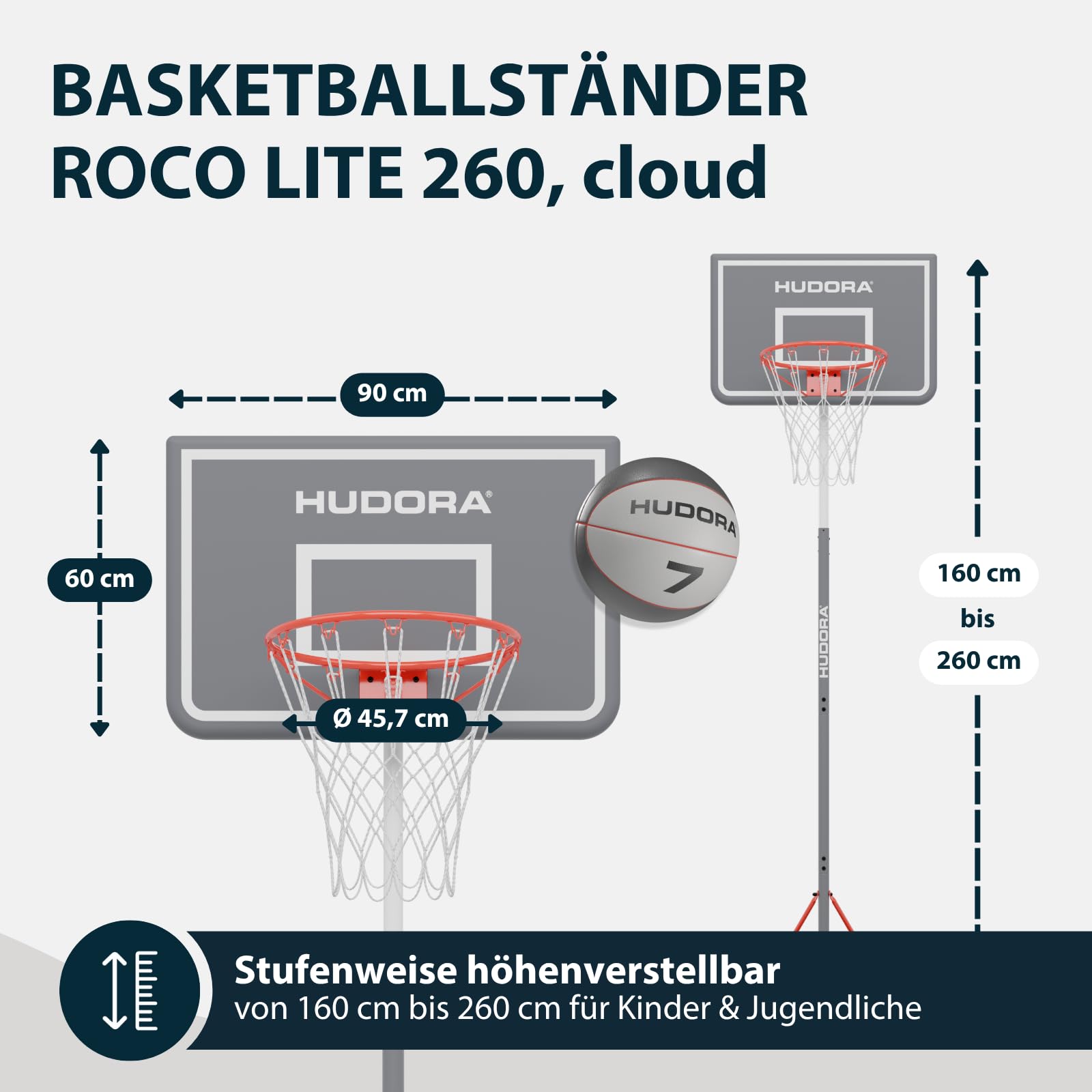 HUDORA Basketballständer RoCo 260 Lite - Höhenverstellbarer Basketballkorb - geeignet für Indoor und Outdoor - für Kinder und Jugendliche - Basketball Korb mit Ständer - Shadow, grau