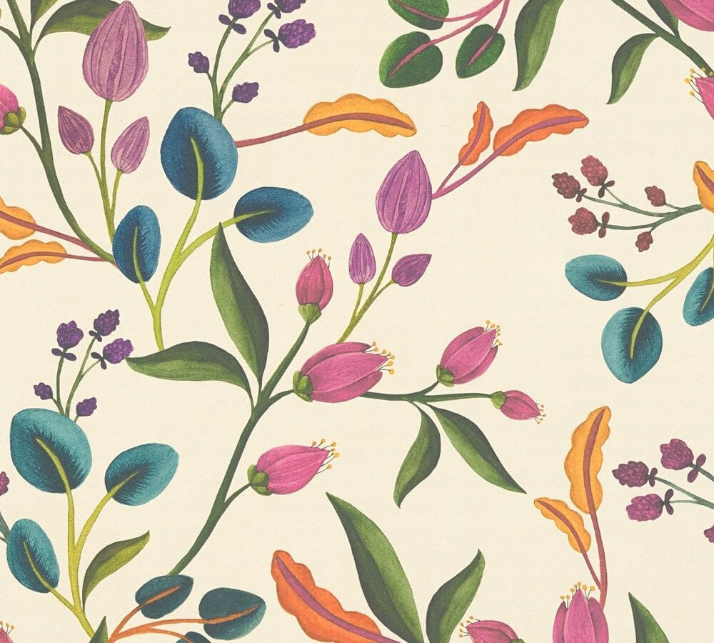 Livingwalls Anna D'Andrea 782111 Non-Woven Wallpaper Floral 10.05 m x 0.53 m Cream Green Purple Blue Smooth Wallpaper