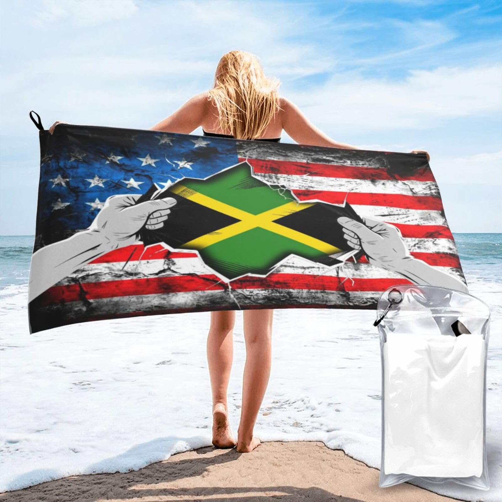HACXZ American and Jamaican Flag Vintage Beach Towel Lightweight Absorbent Beach Towel Microfiber 31.5"X63"