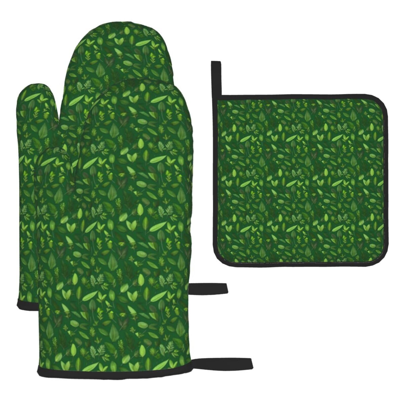 Herb Plant Leaves Print Oven Mitts Kitchen Gloves Set Everyday Baking Grilling Microwaving Cooking Gift