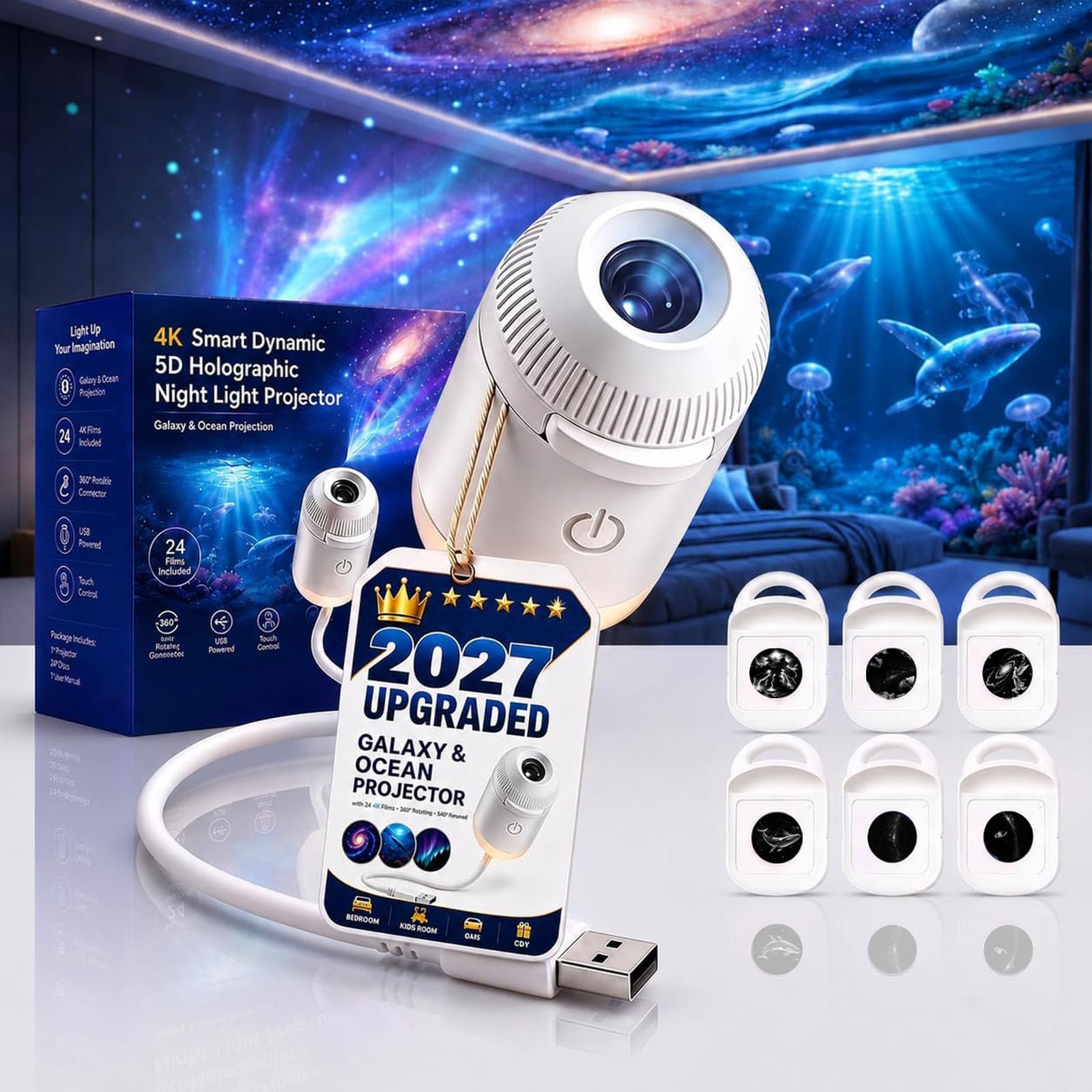 Ocean Projector Galaxy Projector Night Light, 2027 Upgraded 5D Holographic Night Light Projectors, Touch Control, 360° Adjustable, USB Plug & Play LED Projection Lamp for Bedroom, Ceiling