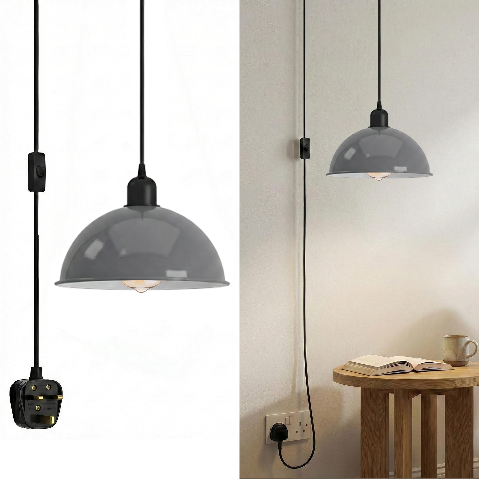 LEDSone Plug in Pendant Lighting, 4.5M Adjustable Vintage Plug in Ceiling Light, Metal Lampshade Hanging Lamp with Switch, E27 Black Pendant Light Fitting, E26 Bulb Holder for for Kitchen (Gray)