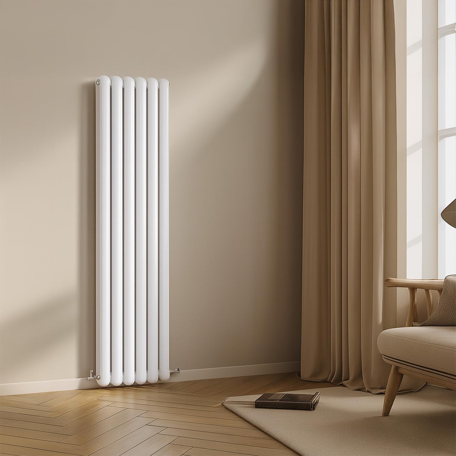 Go Bathrooms White Tall Vertical Radiator 1500mm x 380mm Oval Double Panel Designer Radiator White Double Round Column Modern Living Room Central Heating Rad | Edworth โ image 1