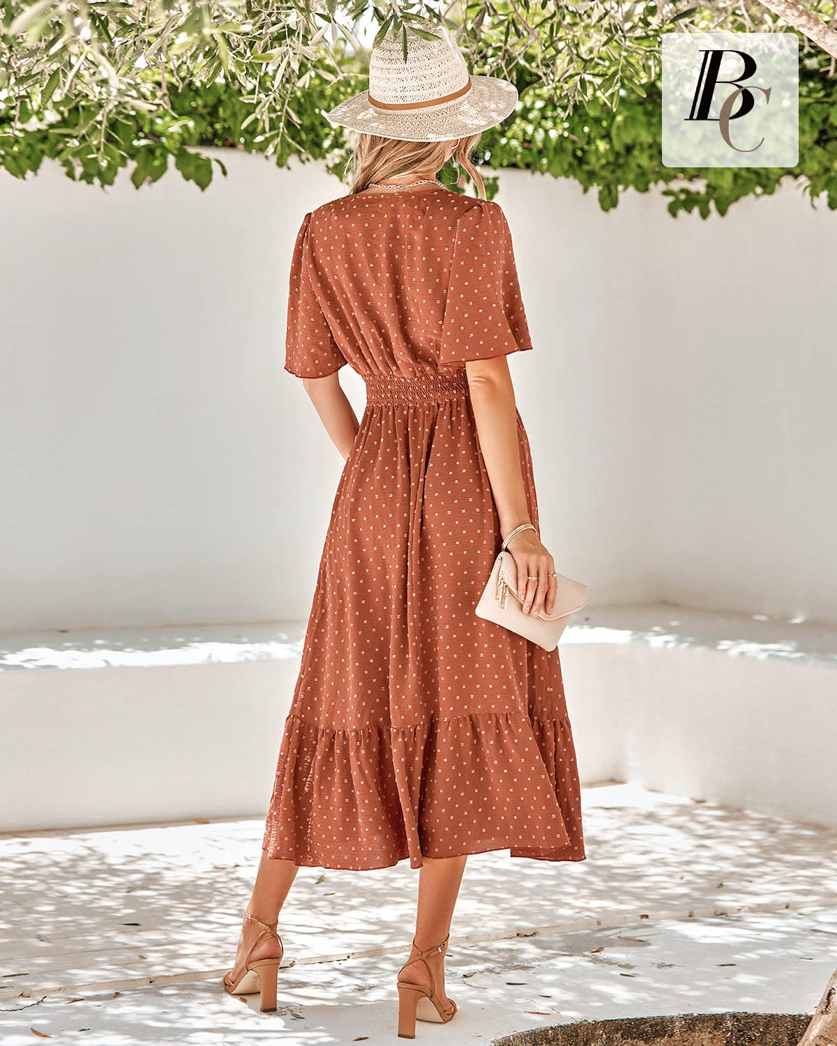 BebreezChic Letnia sukienka damska, długa, w stylu boho, elegancka sukienka z krótkim rękawem, dekolt w serek, wysoka talia, szwajcarska kropka, marszczona sukienka plażowa
