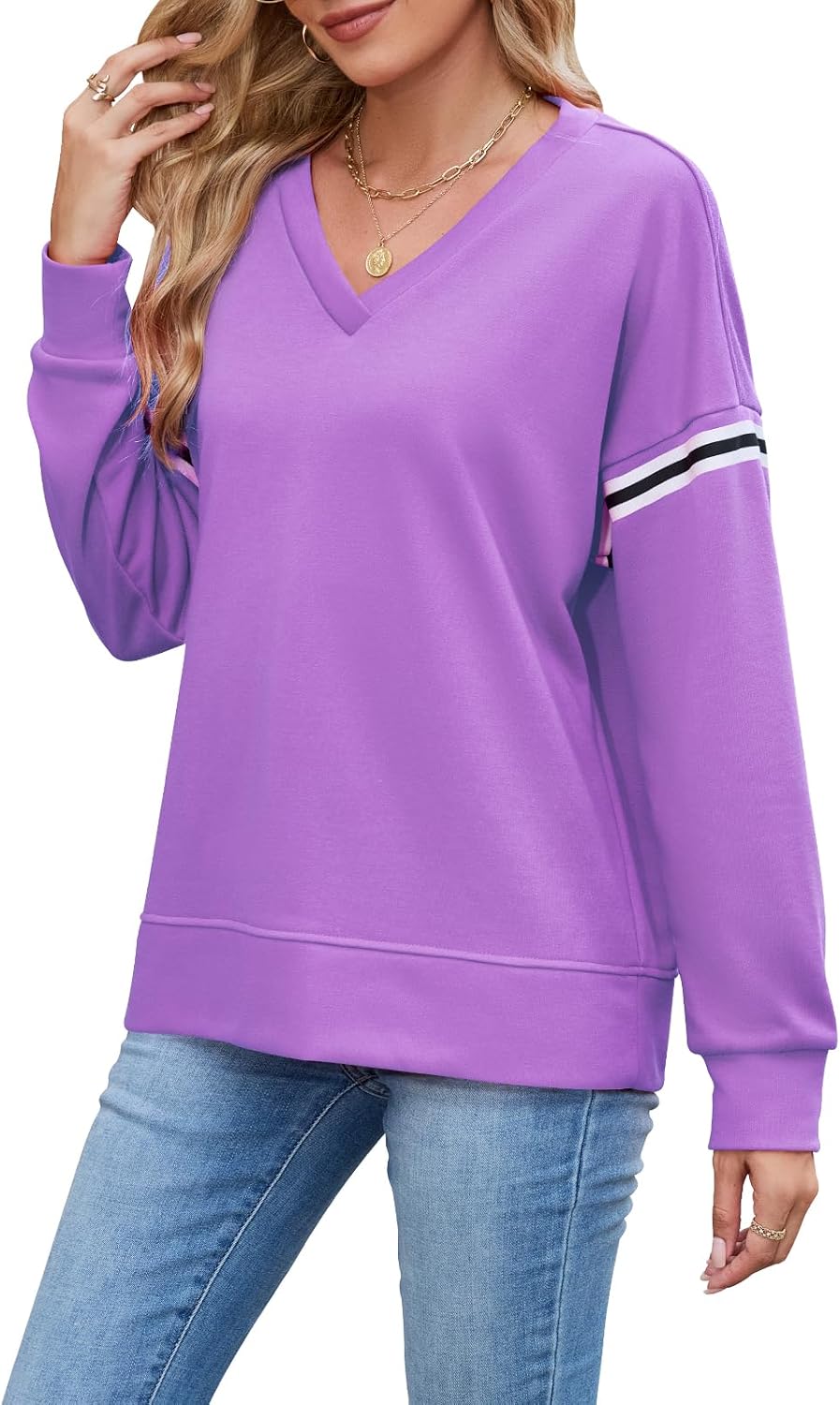 Women's Oversized Sweatshirts Casual Loose Long Sleeve Stripes V Neck Pullover Top Fall Teens Preppy Clothes