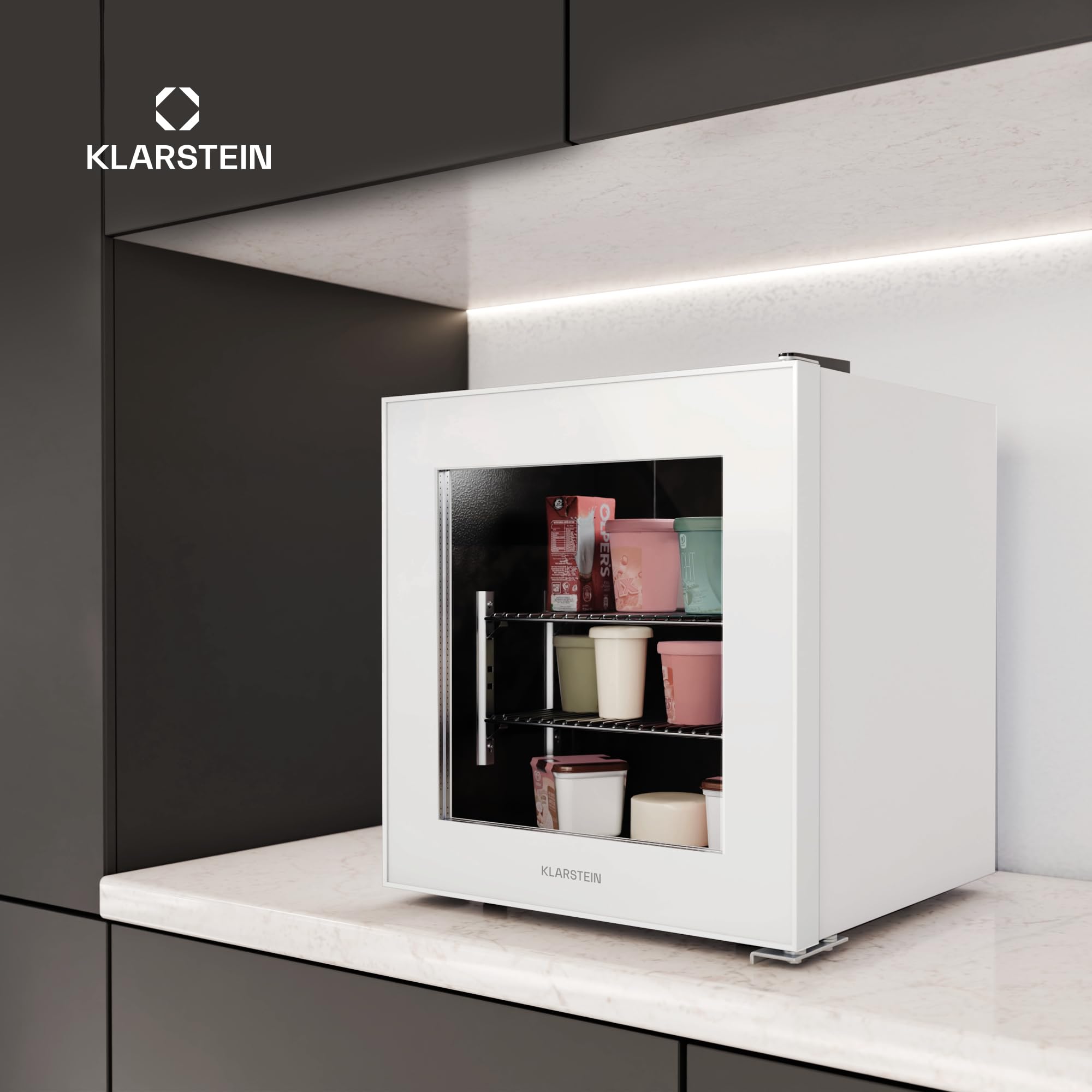 KLARSTEIN IceAge 36 - Piccolo Congelatore, 36L, Mini Freezer con Temperatura Regolabile da 0 a -18°C, Porta in Vetro, LED Interni, 2 Ripiani, Compatto & Efficiente, Freezer per Spazi Ridotti, Bianco