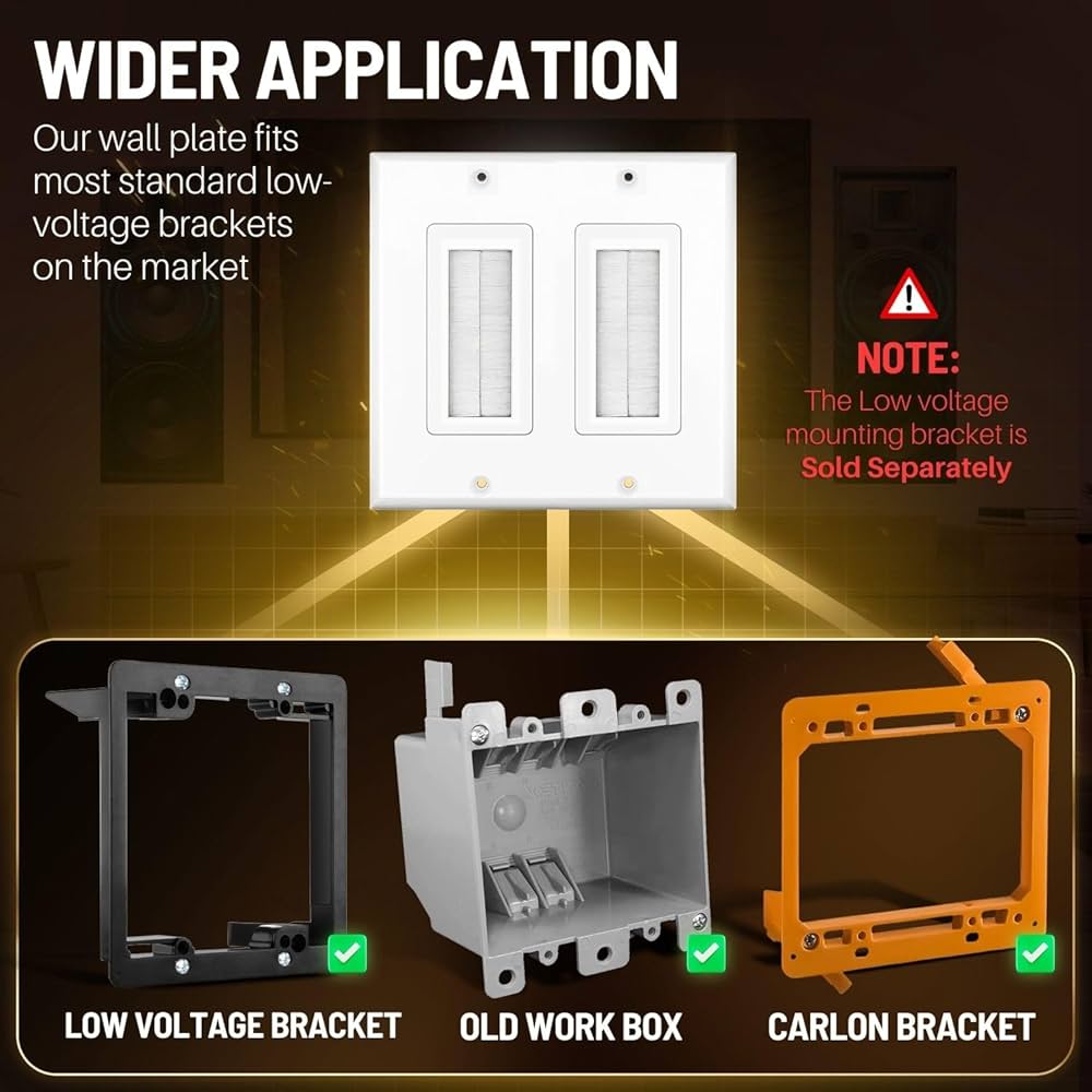 2 X 1 Gang Whte Brush Wall Outlet Cable Entry Plate Tdy Mount Wall