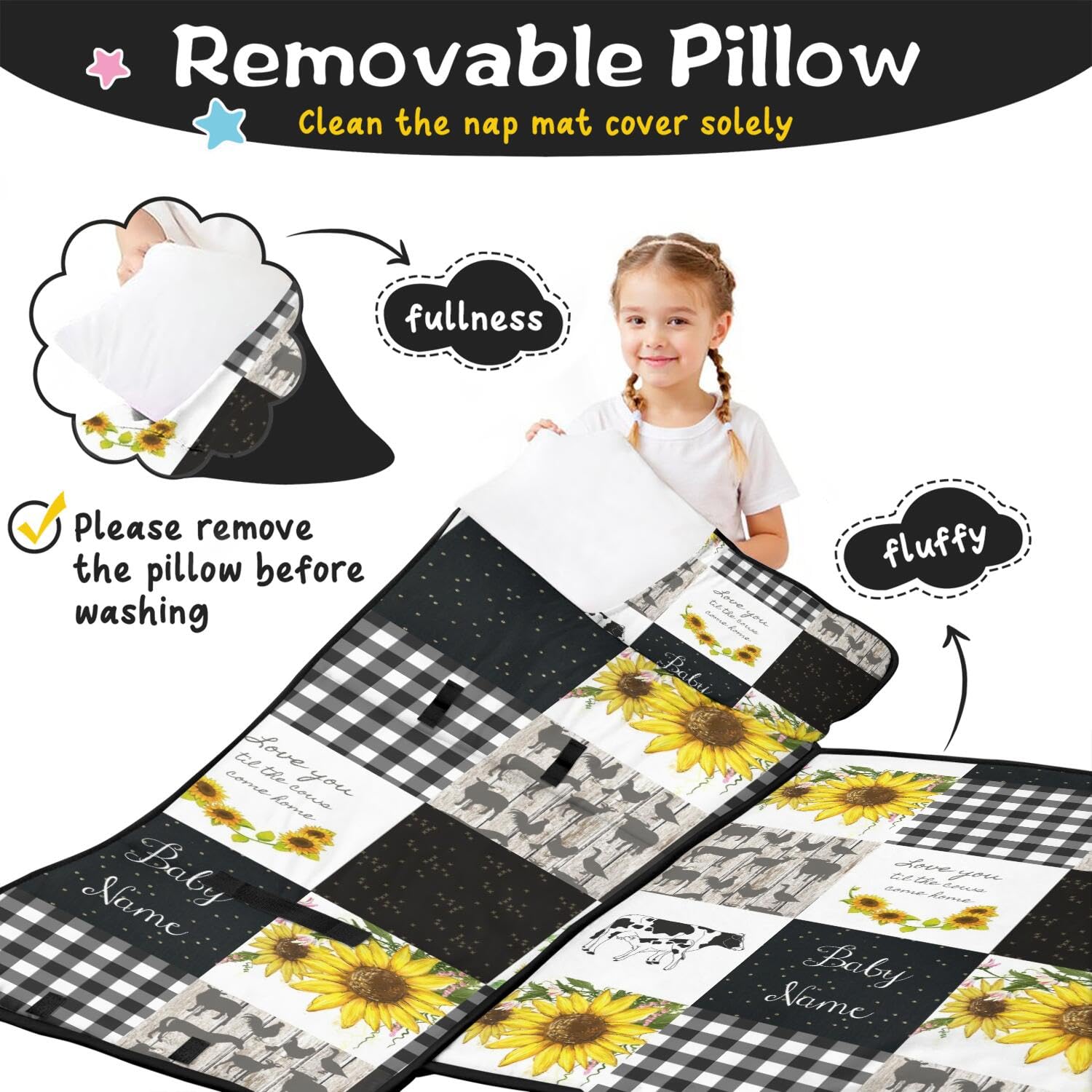 Personalized Cute Cow Toddler Nap Mat with Pillow & Blanket Quilt, Custom Name Sleeping Bag for for Kids Girls Boys Children, Napping Sleep Sack for Preschool Daycare Kindergarten Travel