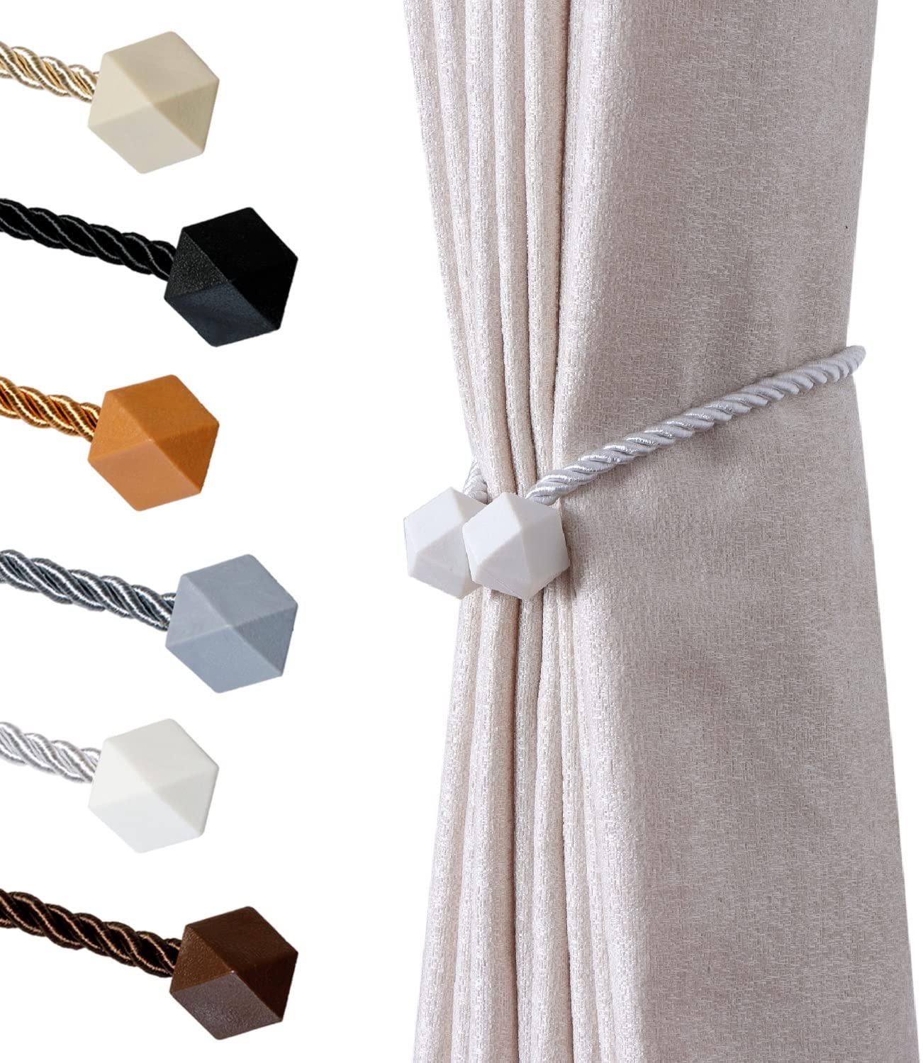 Magnetic Curtain Tiebacks- Upgrade 2022 with a Thicker Twist Rope & Strong Magnet Tieback Window Treatment Holdbacks Draperies Holders Decorative Drape Handmade Tie Back (White, 4)