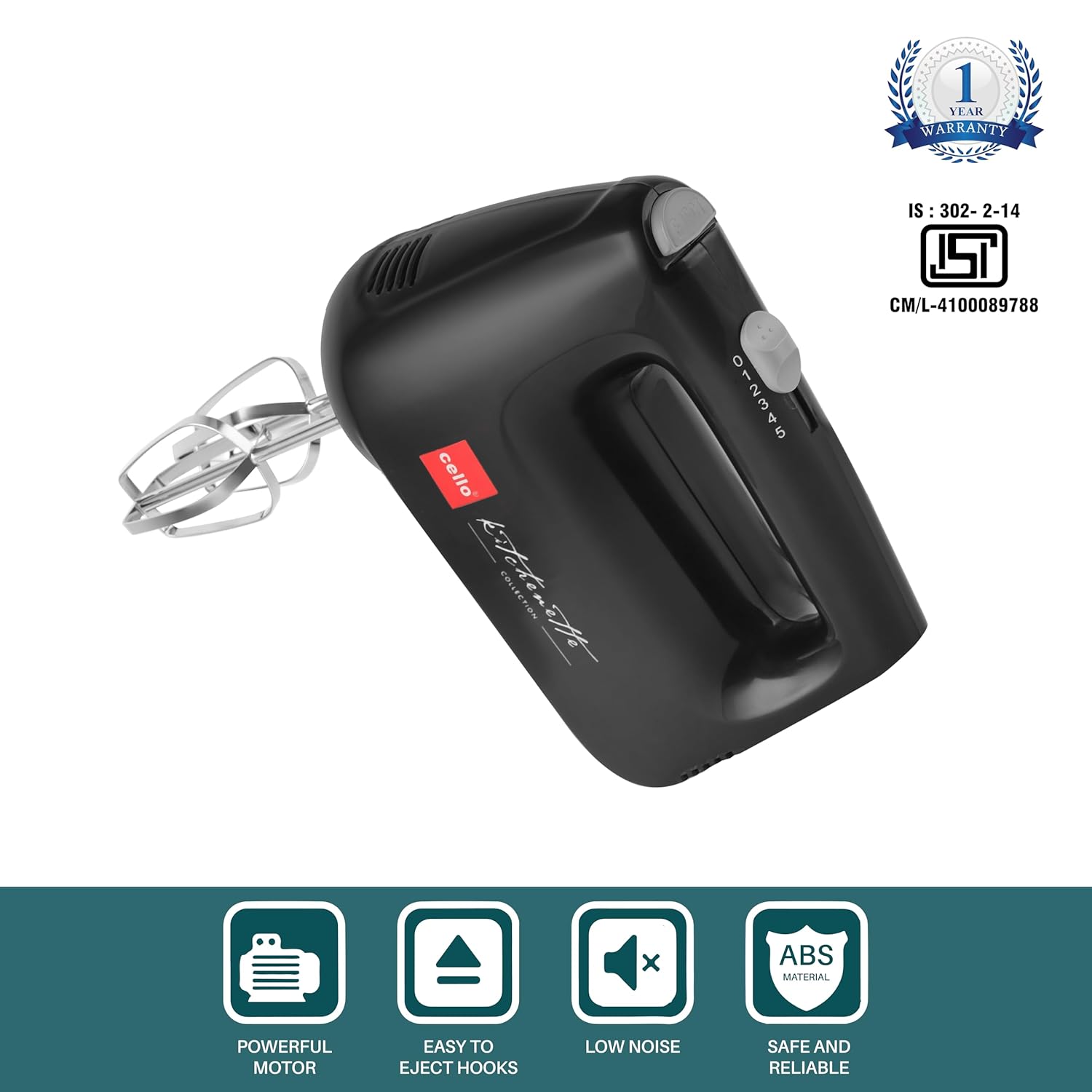 Cello Supreme Plus Hand Beater | Hand Mixer | Beater - Easy Mix, Powerful 400 Watt Motor | 5 Speed Control | Dough Hooks and Strip Beater attachments | 1 Year Warranty | Black 4 7141AWfDiOL. SL1500