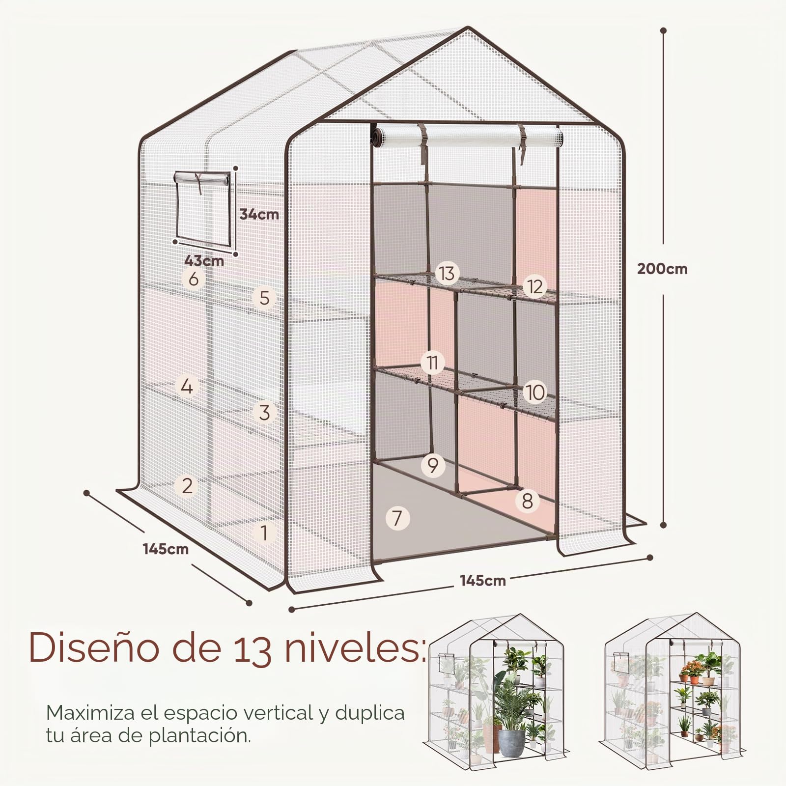 Sekey Lámina XXL para Invernadero, 200 x 145 x 145 cm, Cultivo de Tomates con 10 estantes, para jardín Estable con Cubierta de Polietileno, Resistente al Invierno, Color Blanco