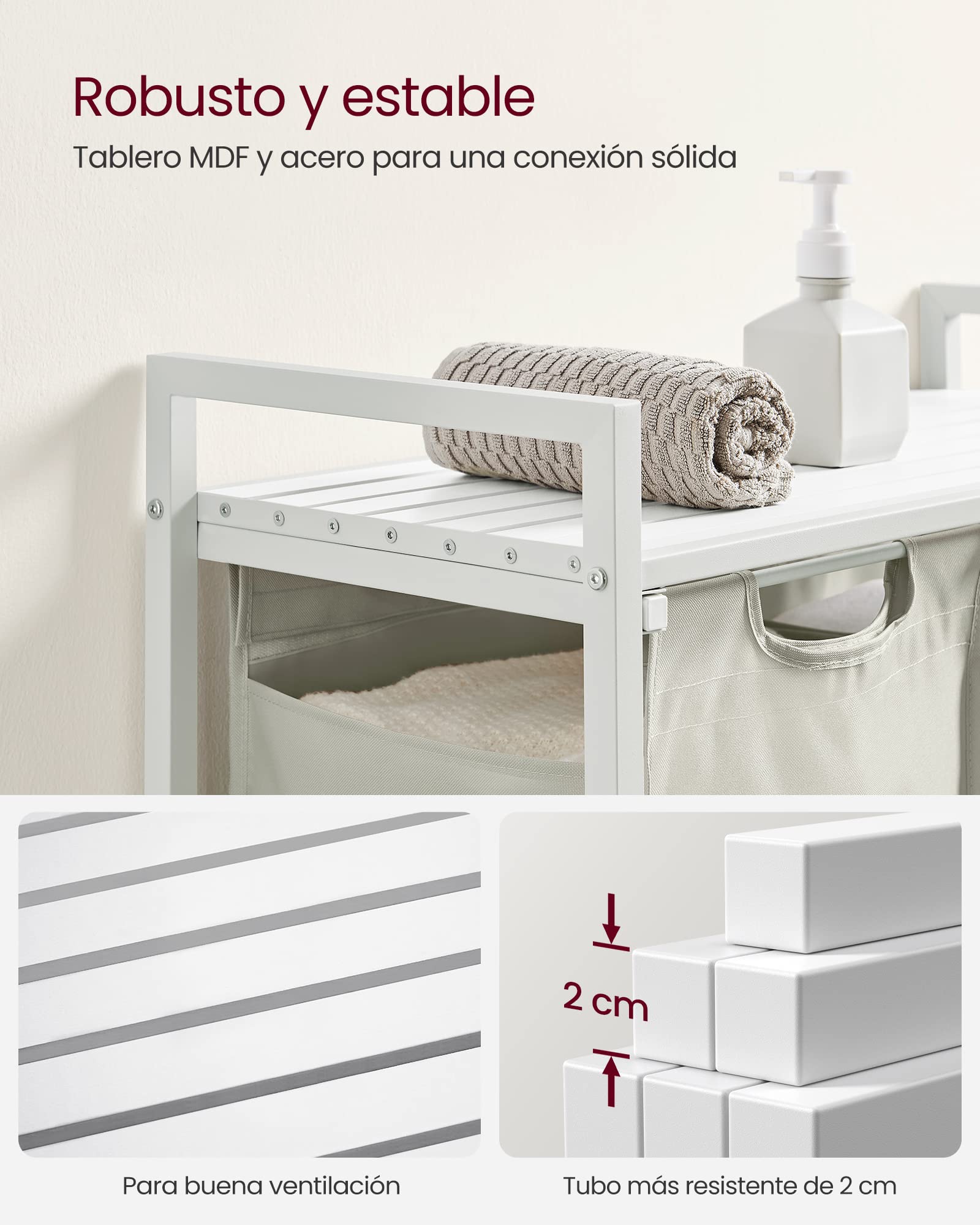 VASAGLE Cesto para Ropa Sucia, 2 Bolsas de Tela Oxford Extraíble, 73 x 33 x 72 cm, Blanco Crema y Blanco Mate